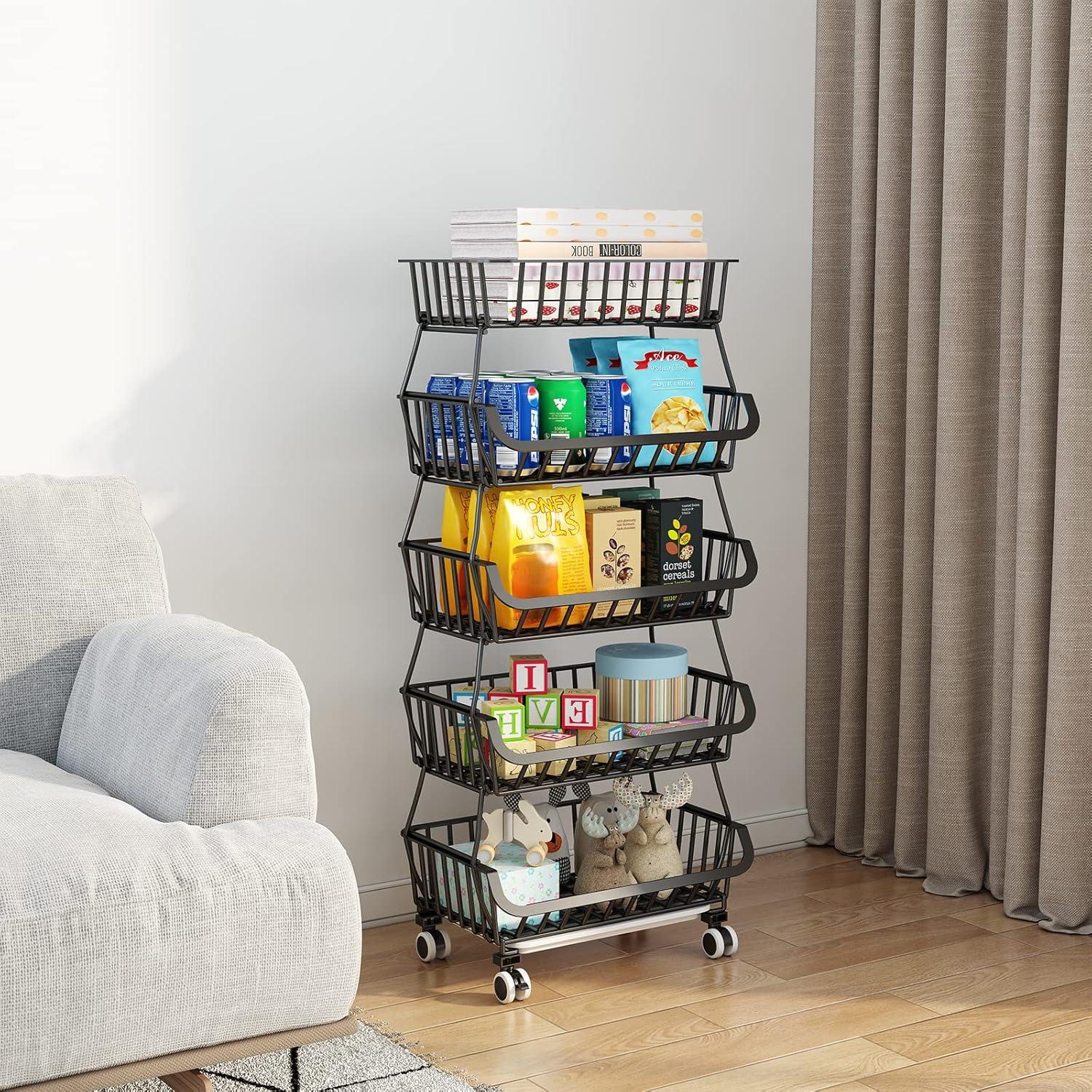 Wisdom Star 5 Tier, Kitchen Fruit Vegetable Storage Cart, Vegetable Basket Bins for Onions and Potatoes, Wire Storage Organizer Utility Cart with Wheels, Black