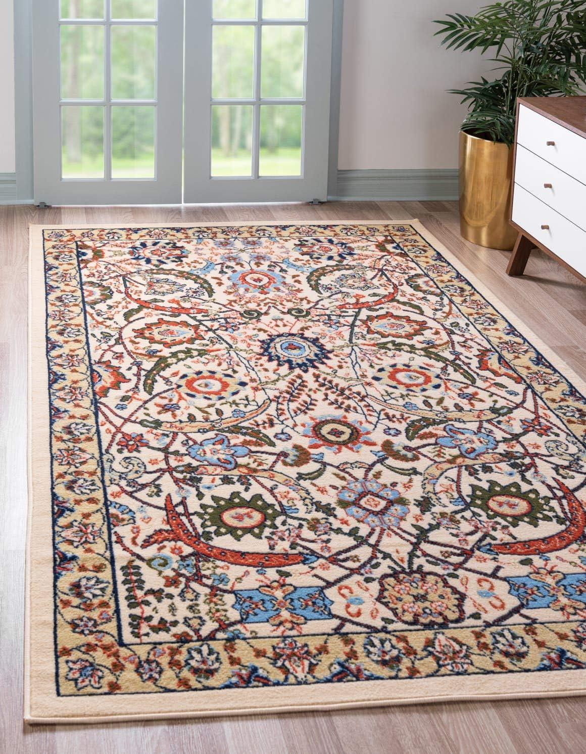 Ivory and Multicolor Rectangular Synthetic Area Rug