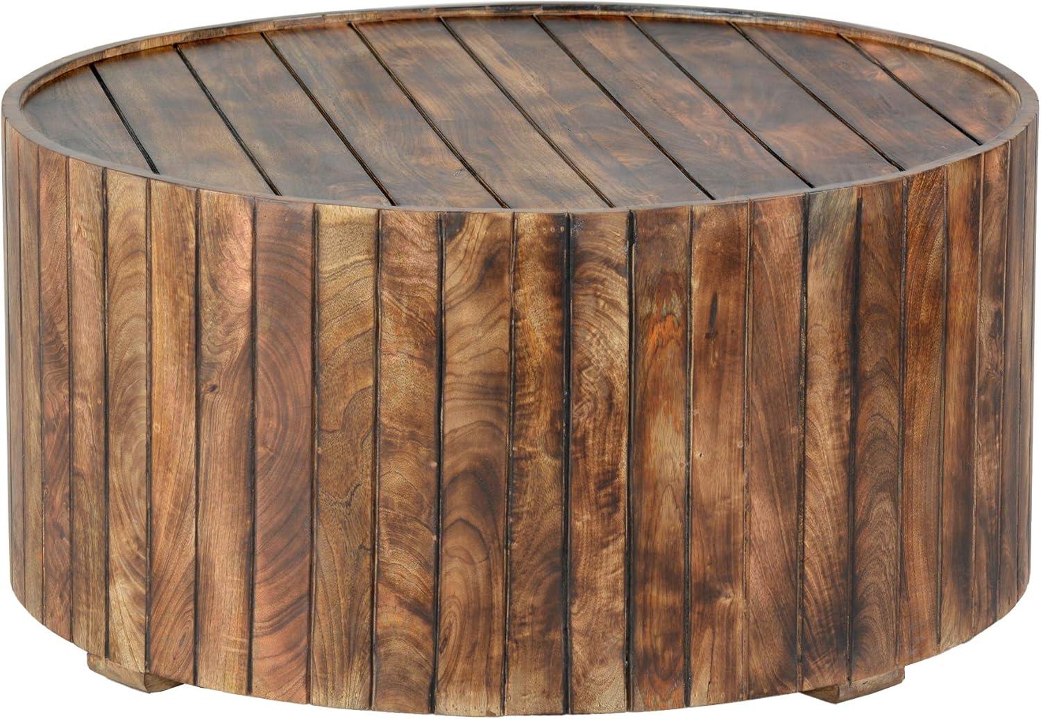 Burned Brown Mango Wood 34" Round Coffee Table with Plank Design