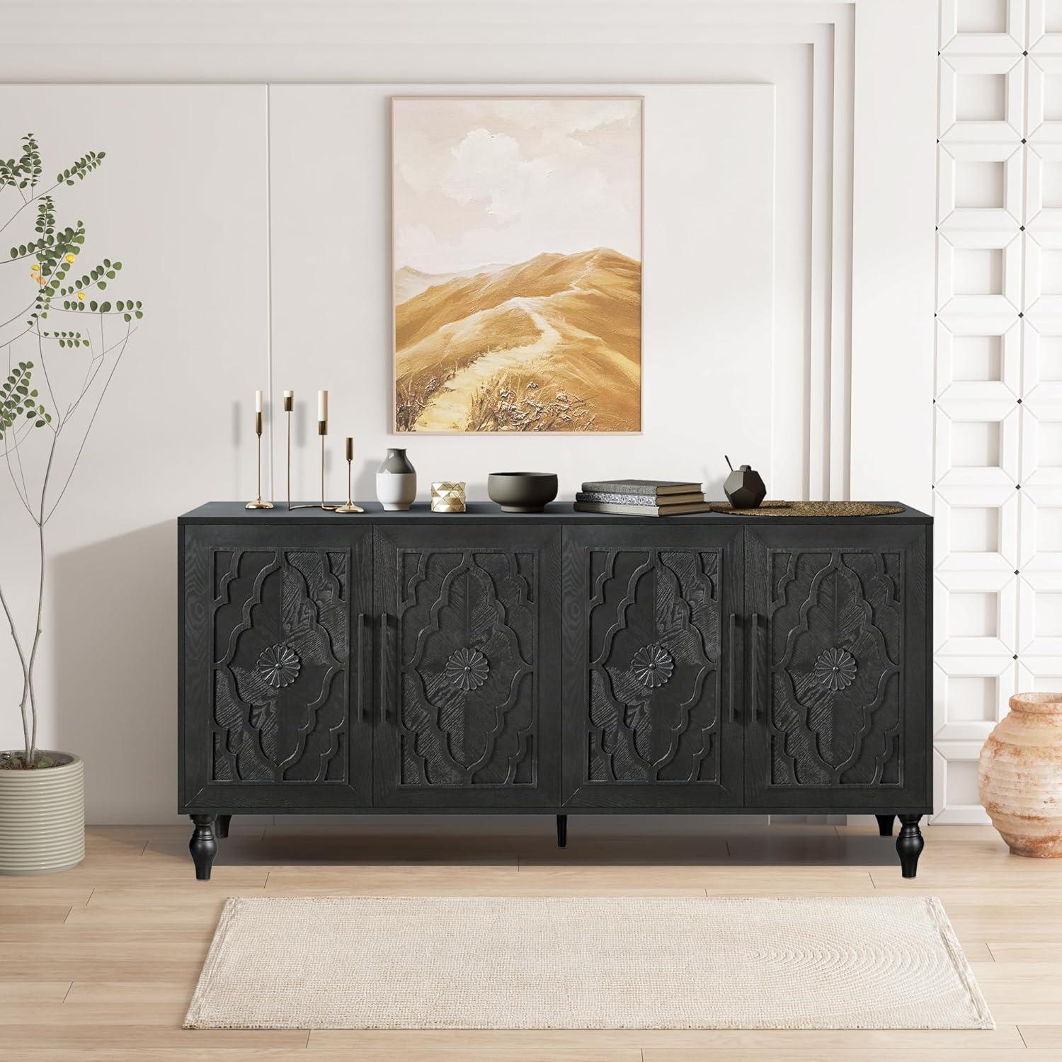 Black Carved Flower Door MDF Sideboard Buffet Cabinet