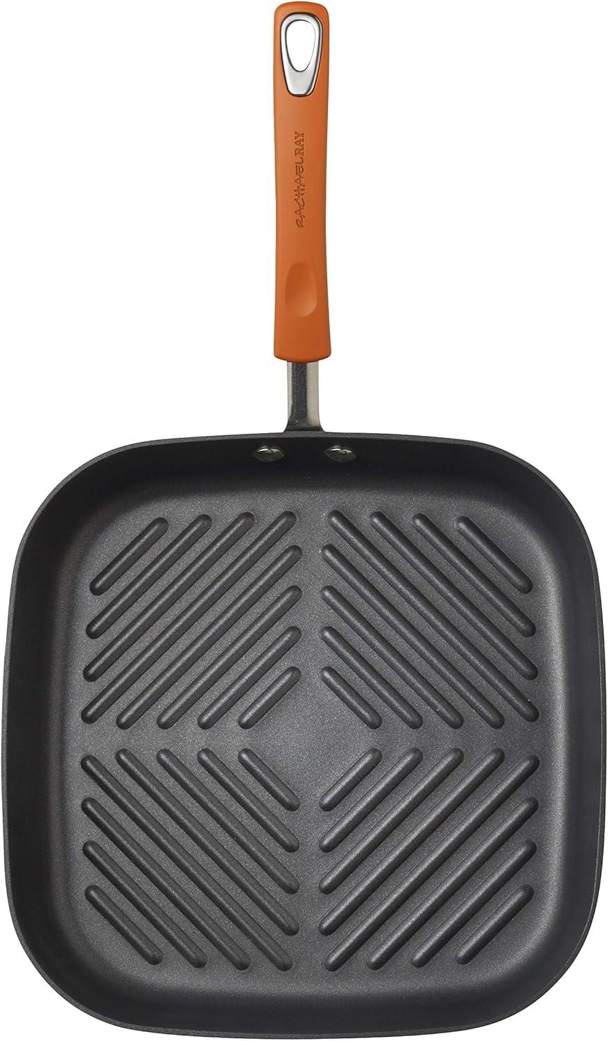Rachael Ray 11-Inch Hard-Anodized Nonstick Deep Square Grill Pan, Gray with Orange Handle