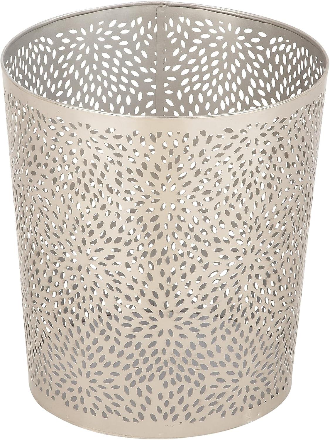 CosmoLiving by Cosmopolitan 9" x 10" Silver Metal Small Waste Bin with Laser Carved Floral Design, 1-Piece