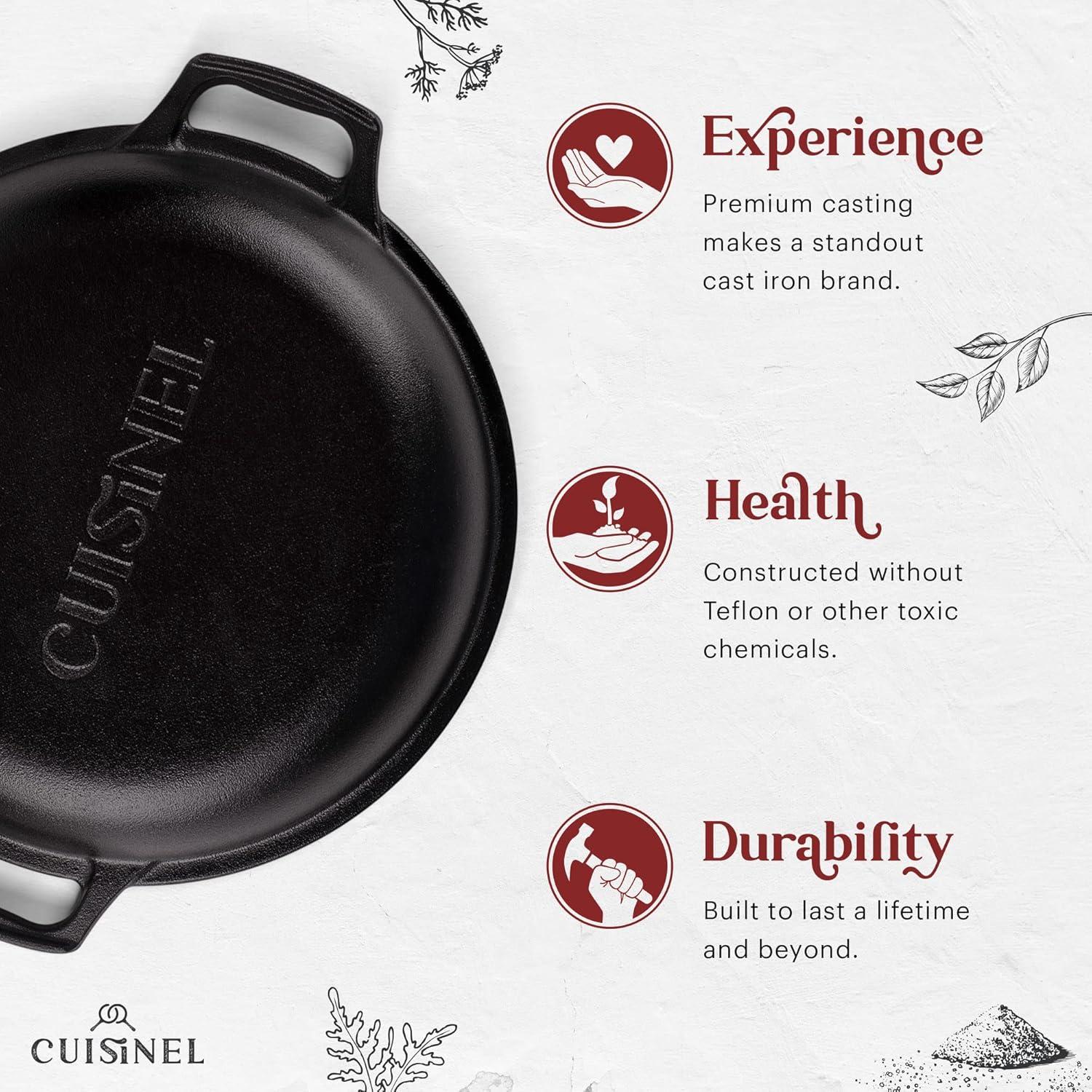 Cuisinel Cast Iron Dutch Oven 7-Quart - Pre-Seasoned 2-in-1 Deep Pot Multi-Cooker - Combo Lid Doubles as 12" Skillet Frying Pan + Silicone Handle Covers + Scraper/Cleaner - Indoor/Outdoor Cookware