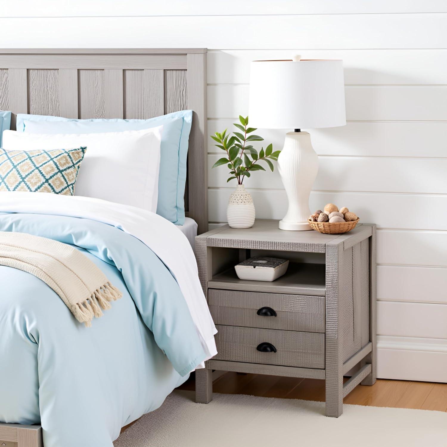 Windsor 2-Drawer Wood Nightstand for Kids Bedroom - Rustic Painted Finish, Metal Glides, Open Shelf Storage, Pine Wood Construction, 22 in. W x 17 in. D x 25 in. H, Distressed Look