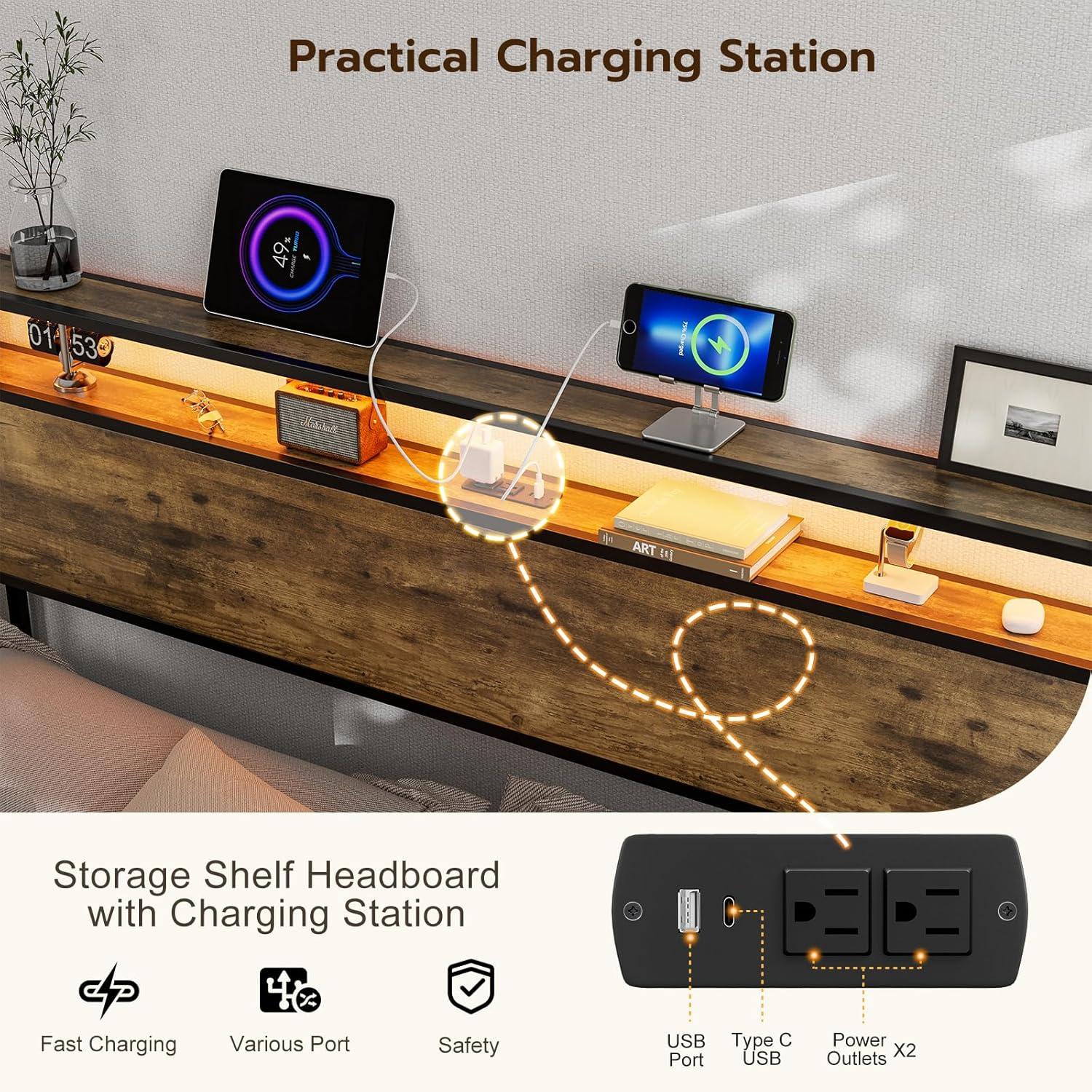 Kaiwei Storage Headboard With Led Lights & Charging Station - Industrial Metal And Wood