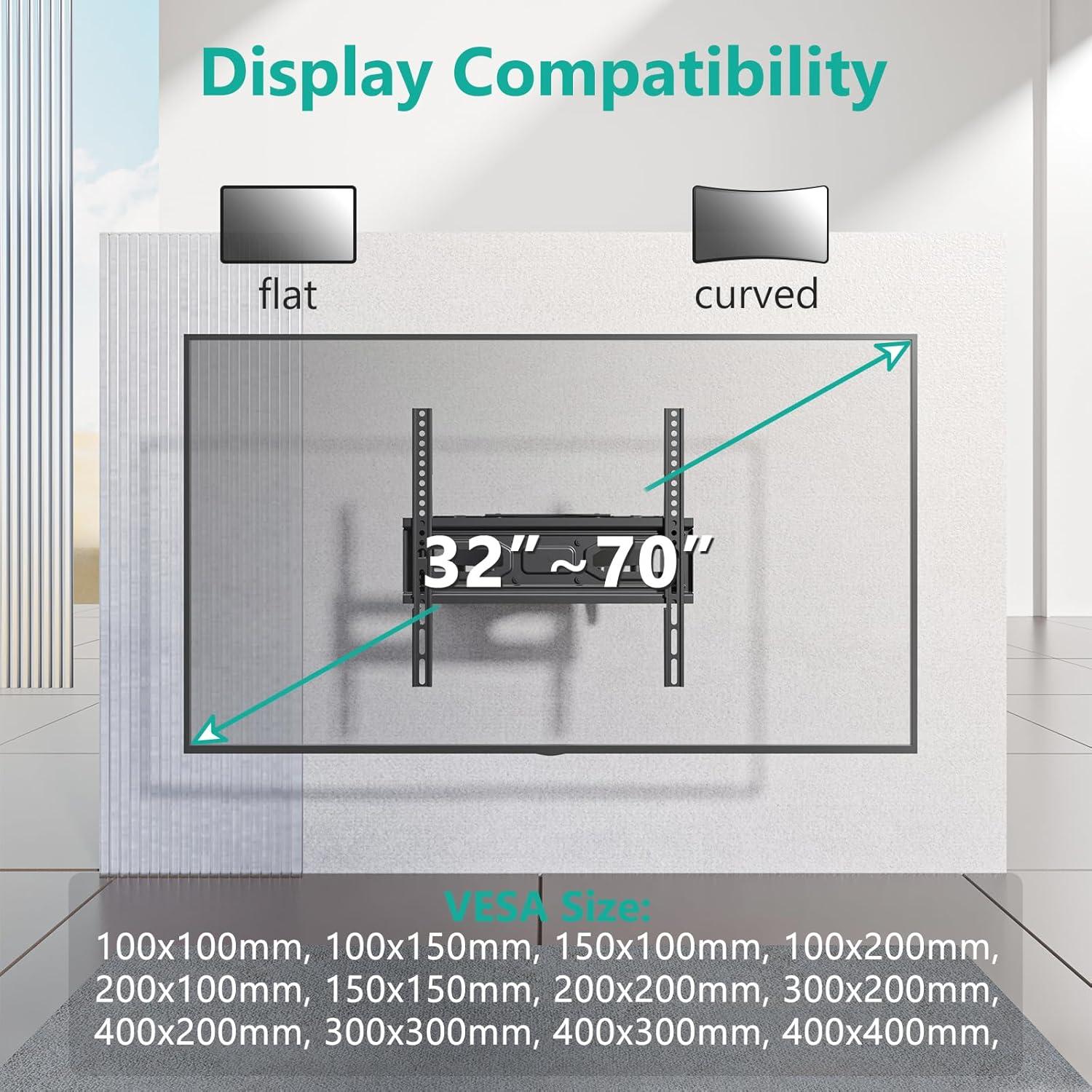 WALI TV Wall Mount for Most 32-70 inch Flat Curved TV, Full Motion Articulating Arm TV Bracket for LED, LCD, OLED Screen TVs up to 88lbs, Mounting Holes 400x400mm (FTM-2), Black