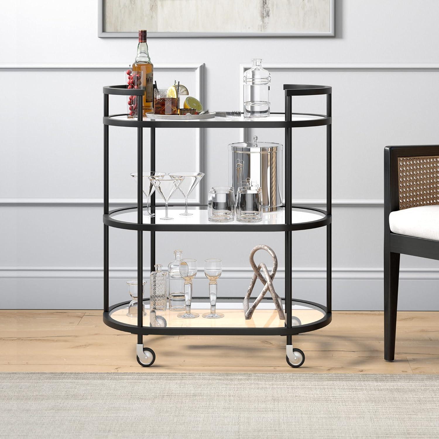 Modern Blackened Bronze 30" Wide Round Bar Cart with Tempered Glass Shelves