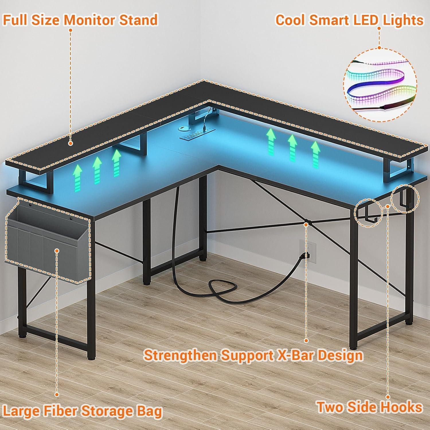 Black L-Shaped Gaming Desk with Power Outlets and Storage