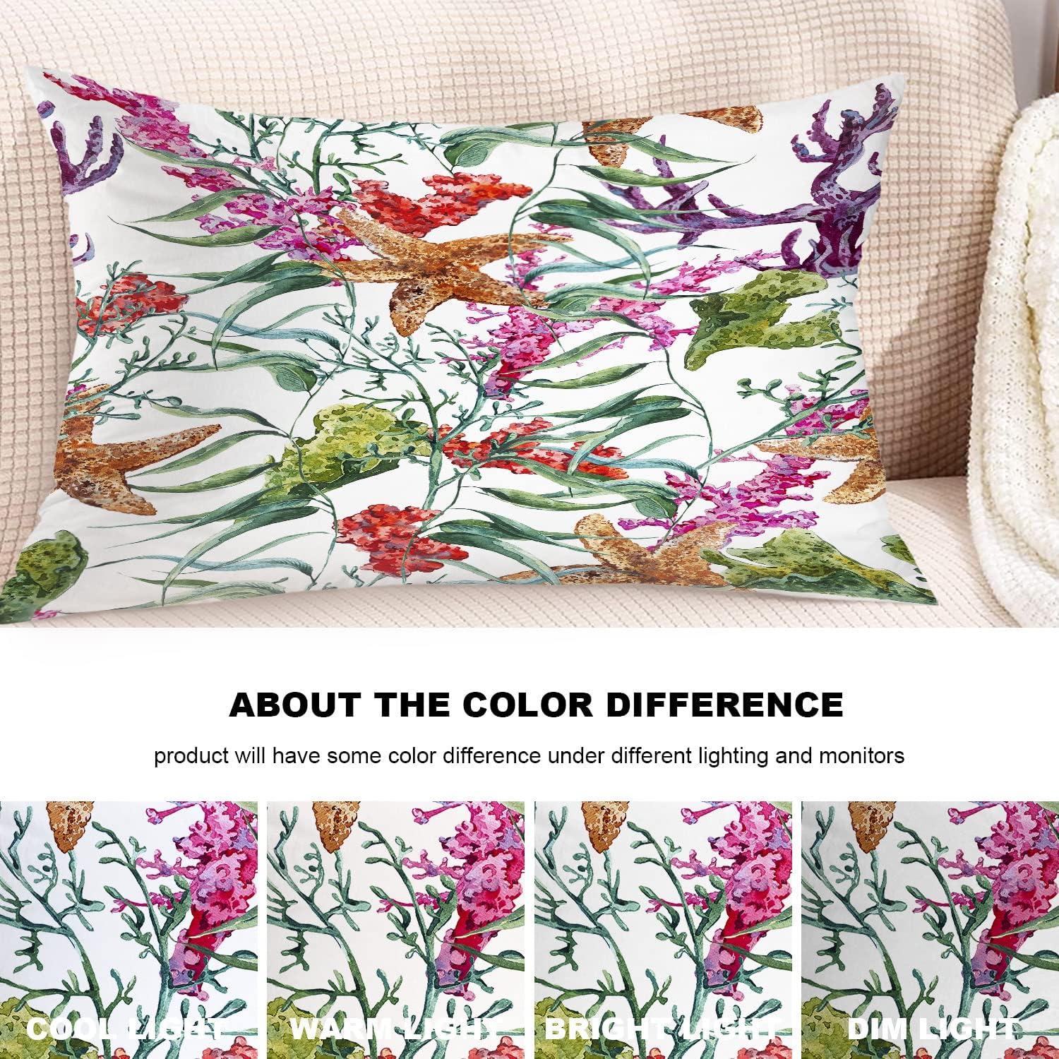 Coral Nautical Pillow Covers, Watercolor Sea Life Pattern with Seaweed Starfish Lumbar 12 x 20 Inches Decorative Throw Pillow Covers Cotton Cushion for Sofa Bedroom Car, Blue 04, Set of 2