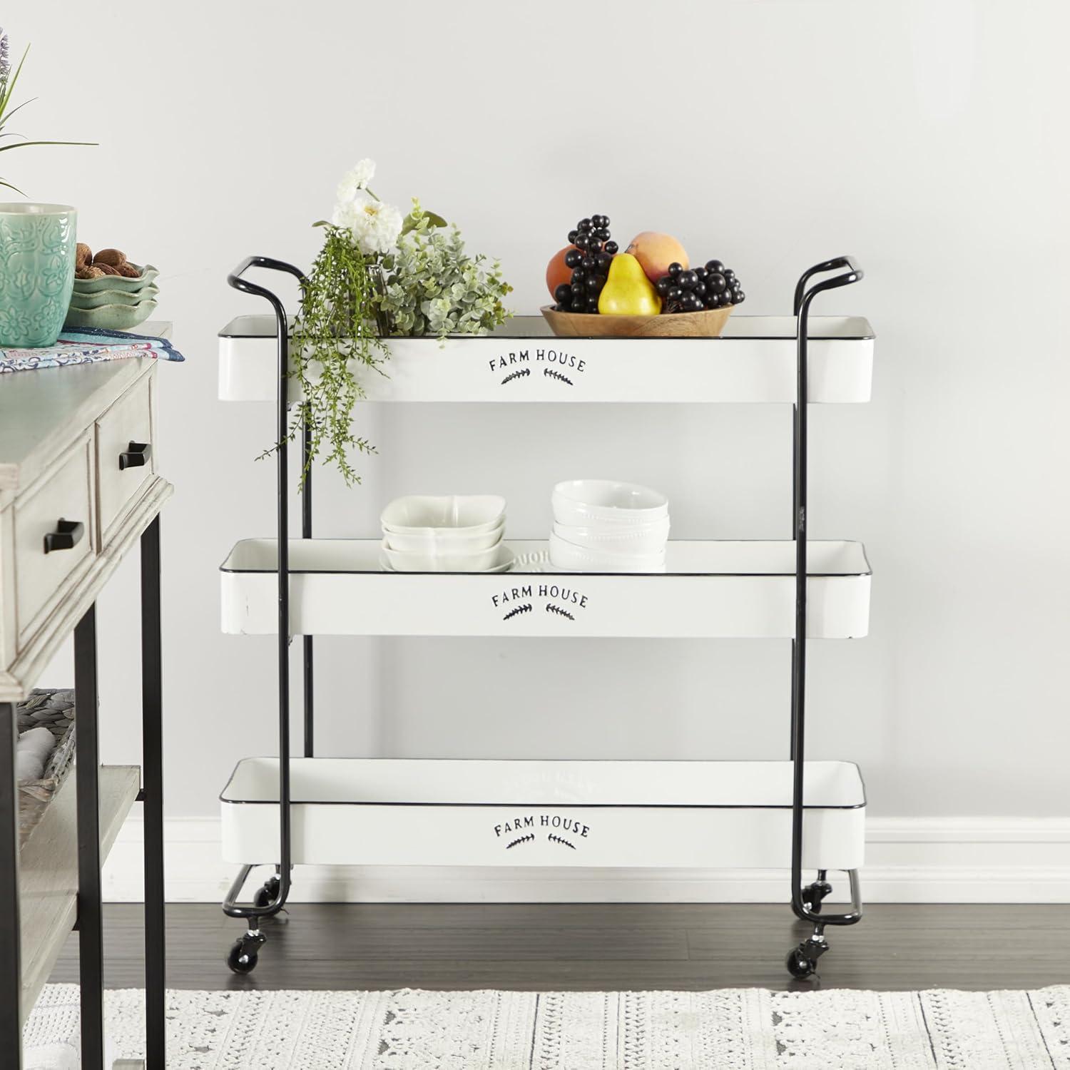 DecMode 32" x 35" White Metal Kitchen Rolling 3 Shelves Bar Cart with Black Accents and Farm House Design, 1-Piece