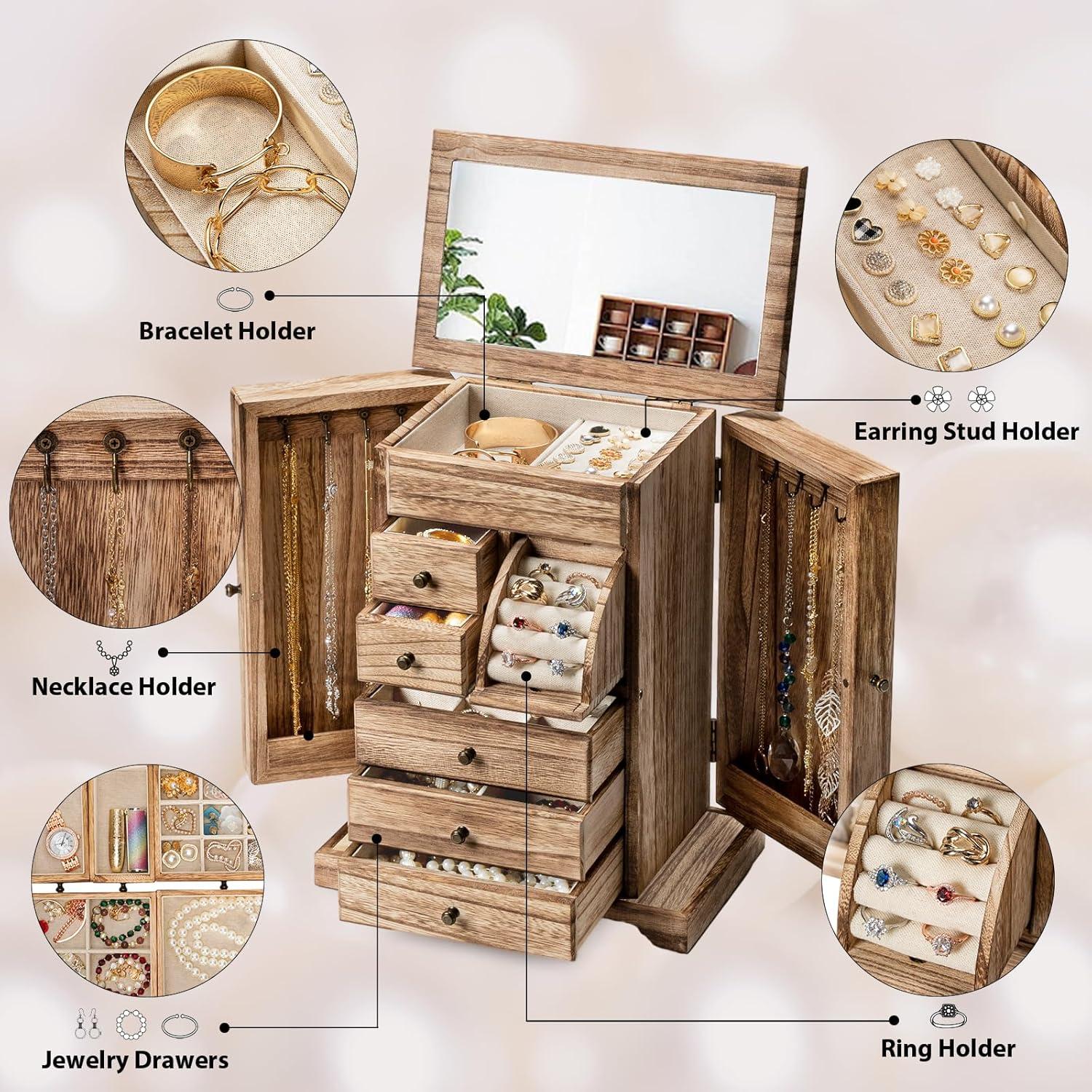 Loon Peak® Jewelry Box, Rustic Wooden Jewelry Boxes & Organizers With Mirror & Drawers,6 Layer Jewelry Organizer Box For Rings Earrings Necklaces Bracelets (Carbonized Black)
