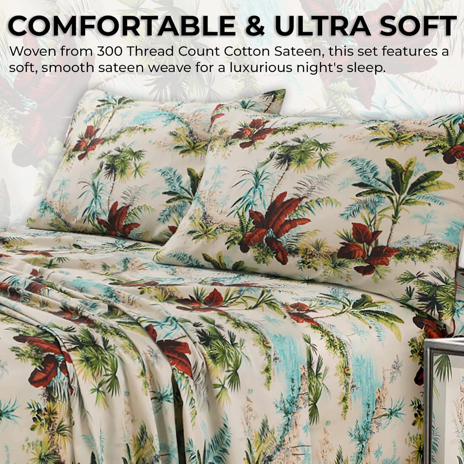 California King Blue Floral Print Satin Deep Pocket Sheet Set