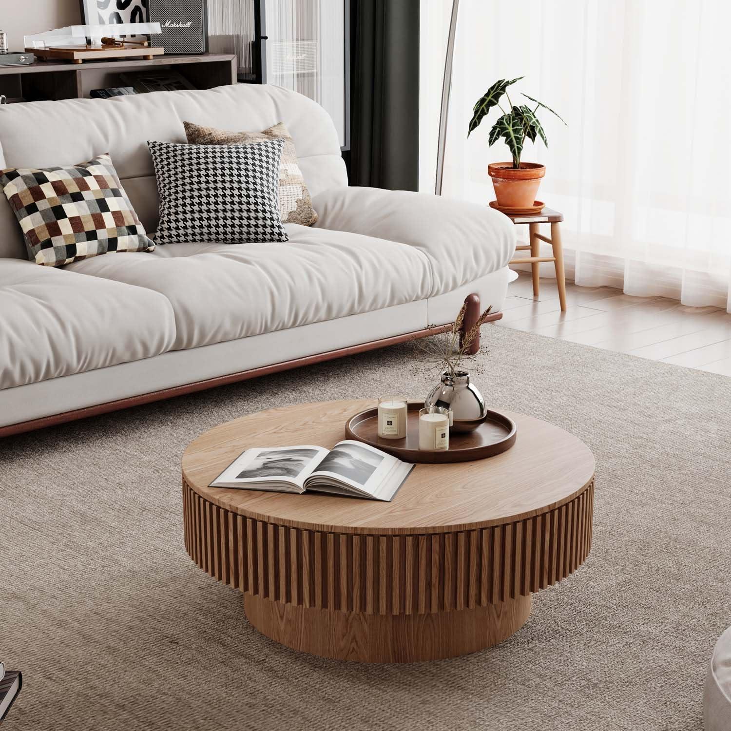 HomVent 31.5'' Round Coffee Table with Storage, Modern Wooden Coffee Table with Solid Wood Veneered, Circle Center Table Accent Tea Table for Living Room, Small Space, Apartment