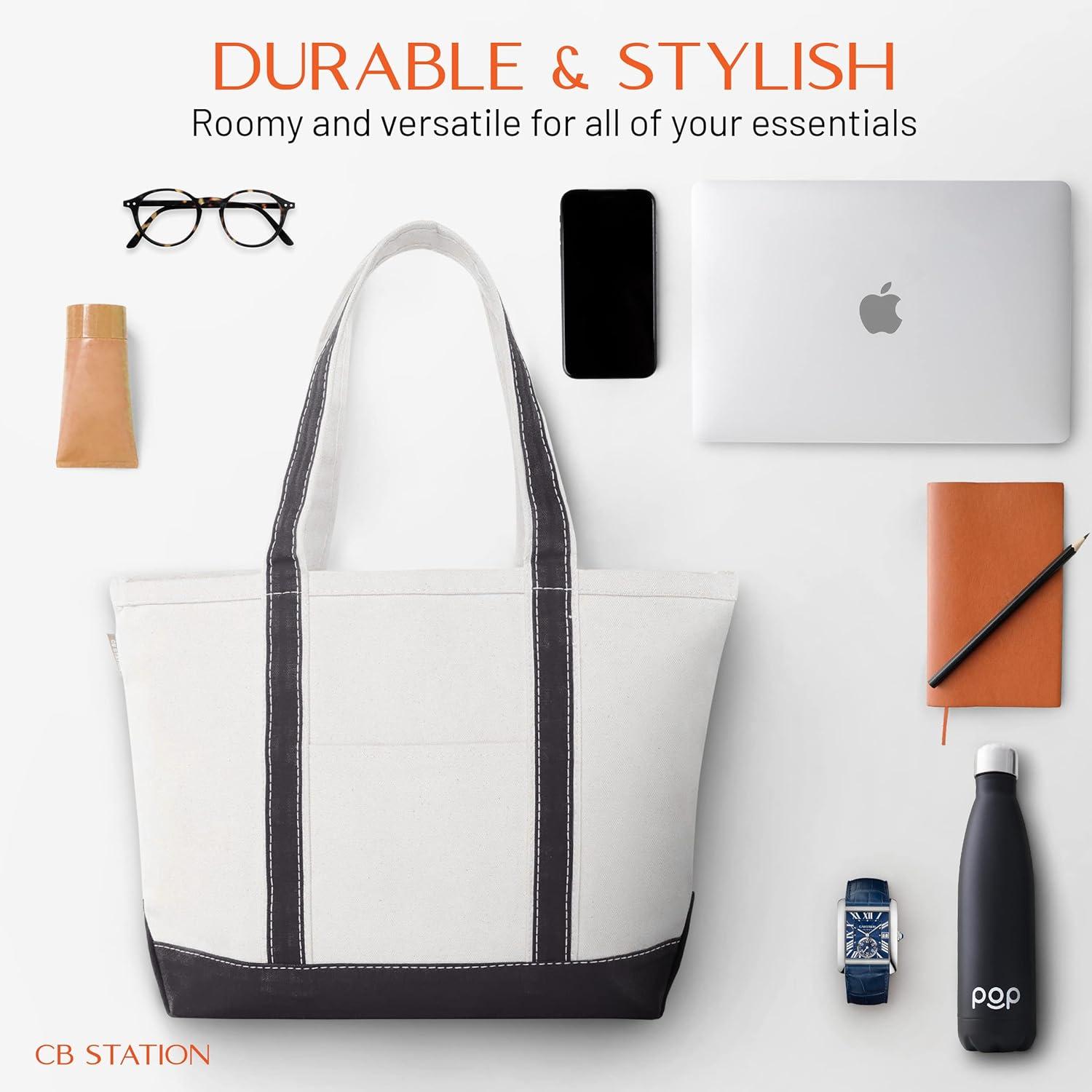 Medium Classic Canvas Tote Bag for Women, Top Zipper Closure, Outer Pocket, Daily Essentials, Groceries, Traveling