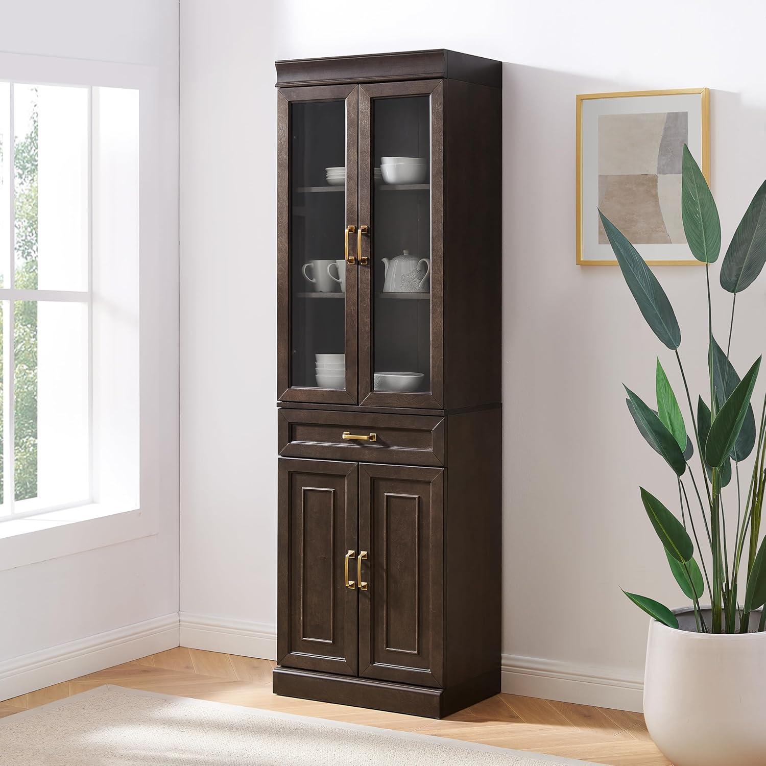Crosley 78" Stanton Glass Door Kitchen Storage Pantry Cabinet Coffee: Traditional Style, Adjustable Shelves