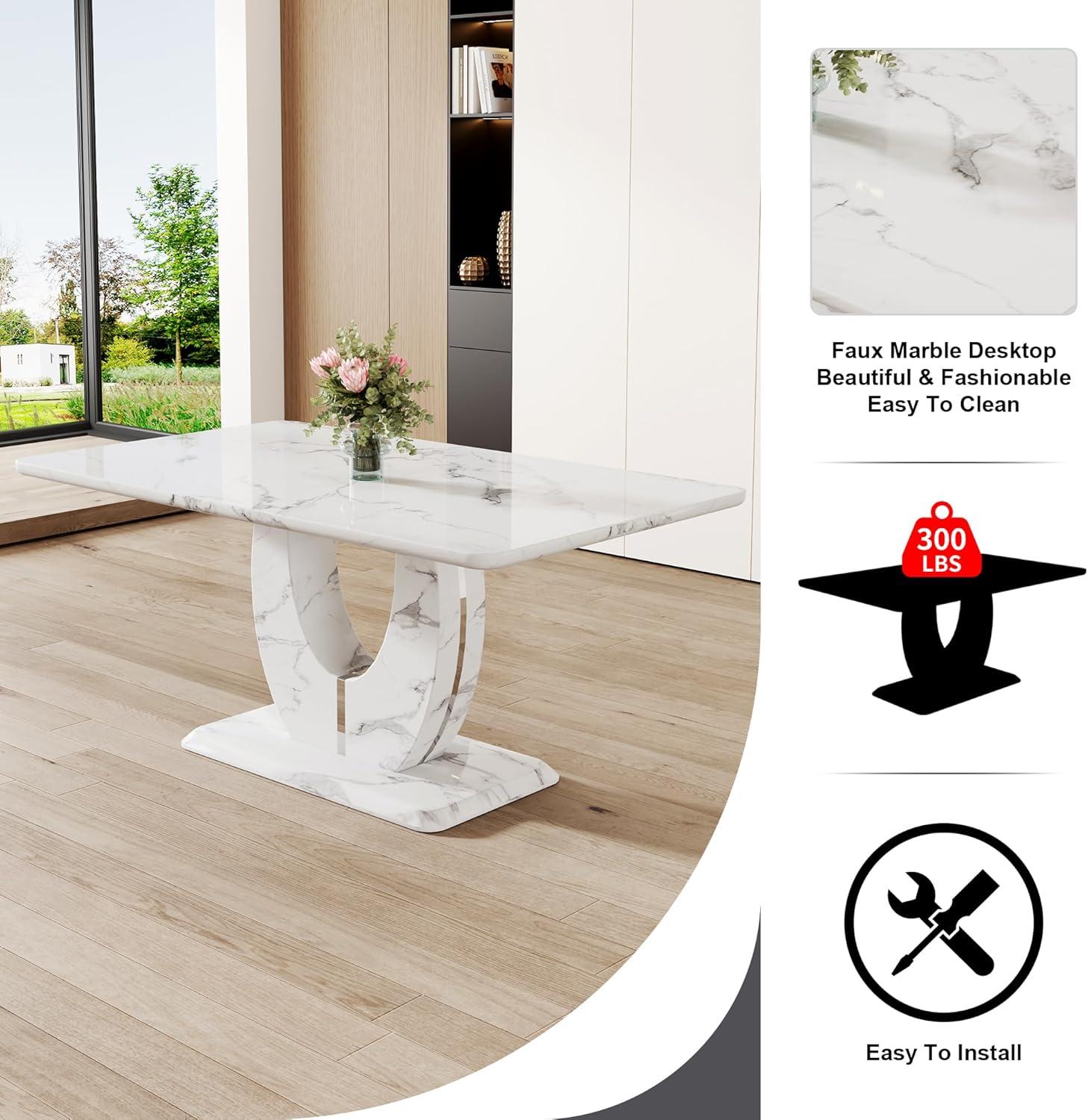 Modern White Faux Marble Dining Table Set with 6 Gray PU Leather Chairs