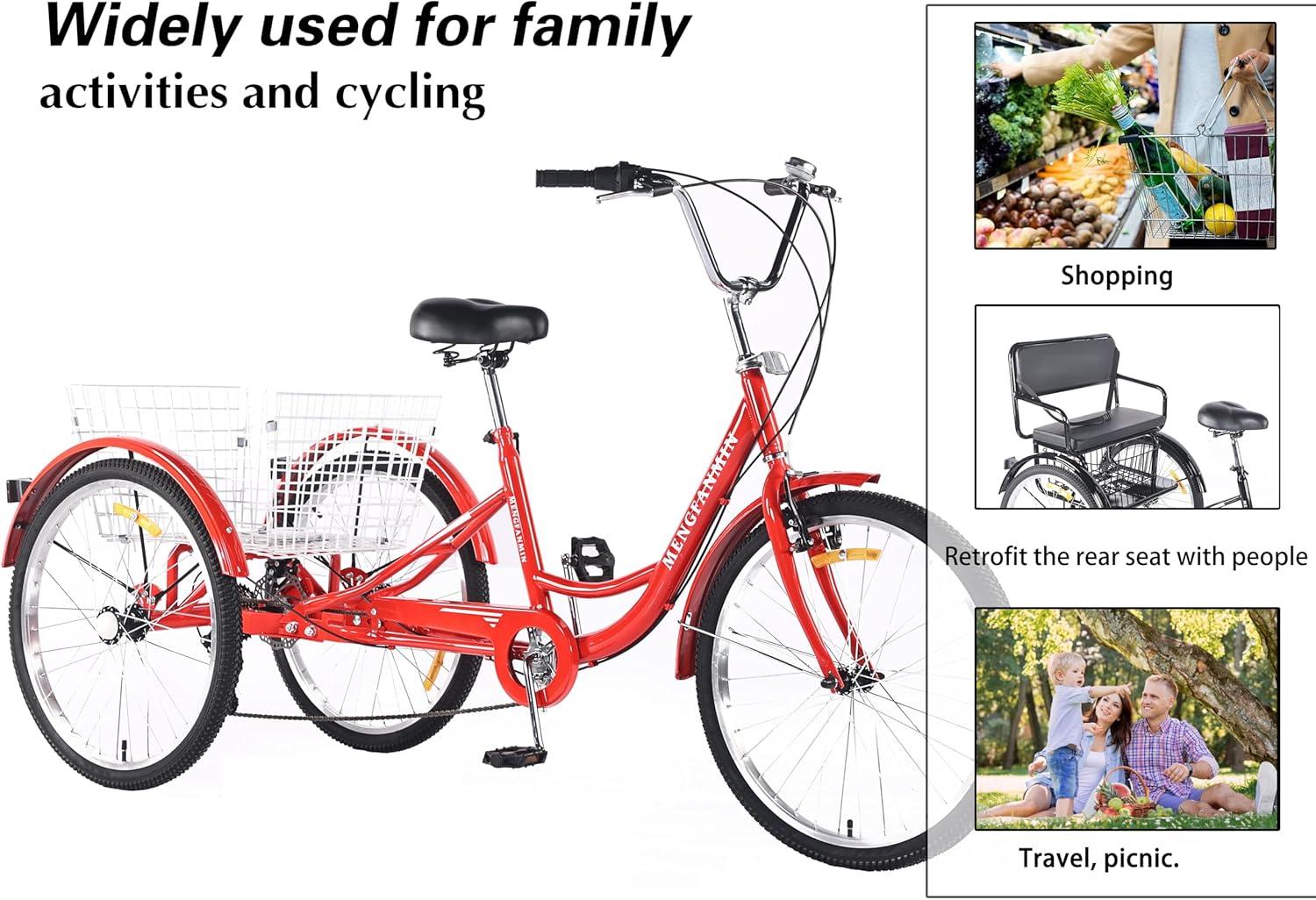 Adult Tricycle 7 Speed, 24 Inch 3 Wheel Bikes Extended Rear wheelbase Tricycle Wheel Bike w/Rear Basket for Women/Children Seniors Maximum Load 550lbs