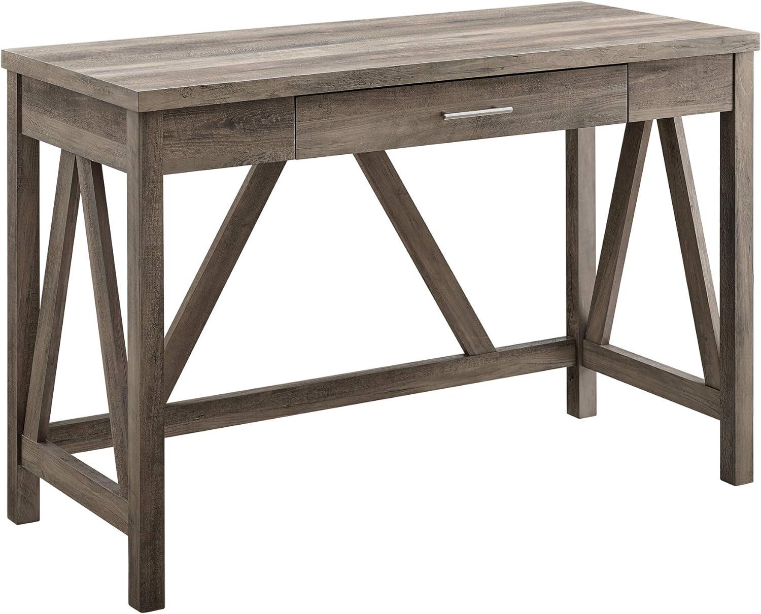 Rustic Grey Wash Wood Writing Desk with Drawer, 46 Inch