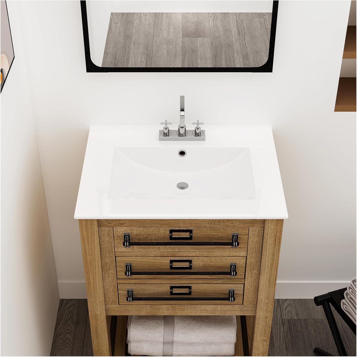 MEJE 24x18 inch Drop In Rectanglar 3 Holes Bathroom Sink, Vanity Top Only, White Glossy Finish