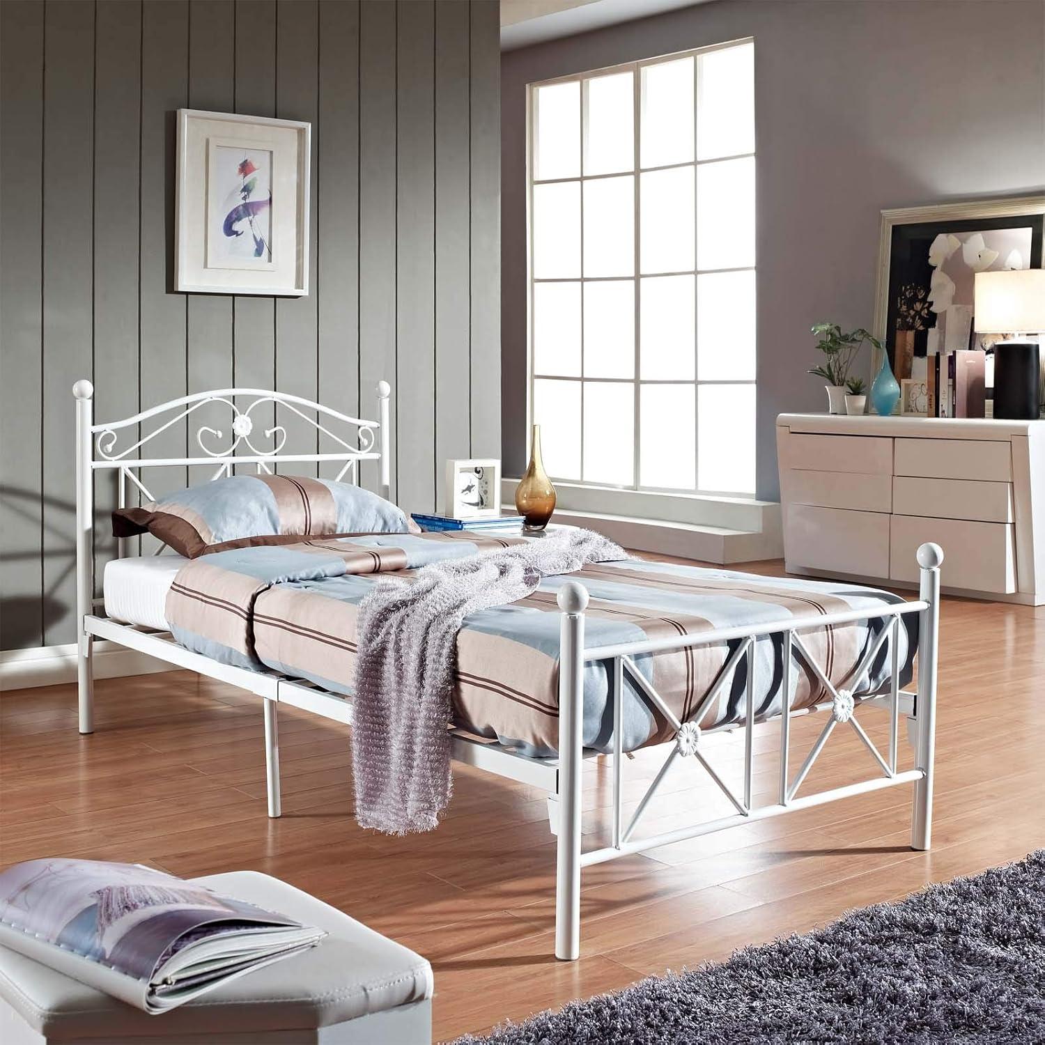 Serene White Metal Twin Bed with Latticework Headboard and Storage Drawer