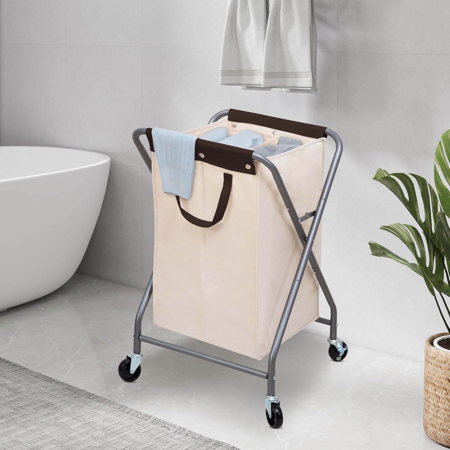 Rolling Laundry Basket with 125L Capacity, Heavy Duty Hamper with Removable Bag, 2-Section Folding X Frame Laundry Organizer Cart with Wheels for Easy Storage