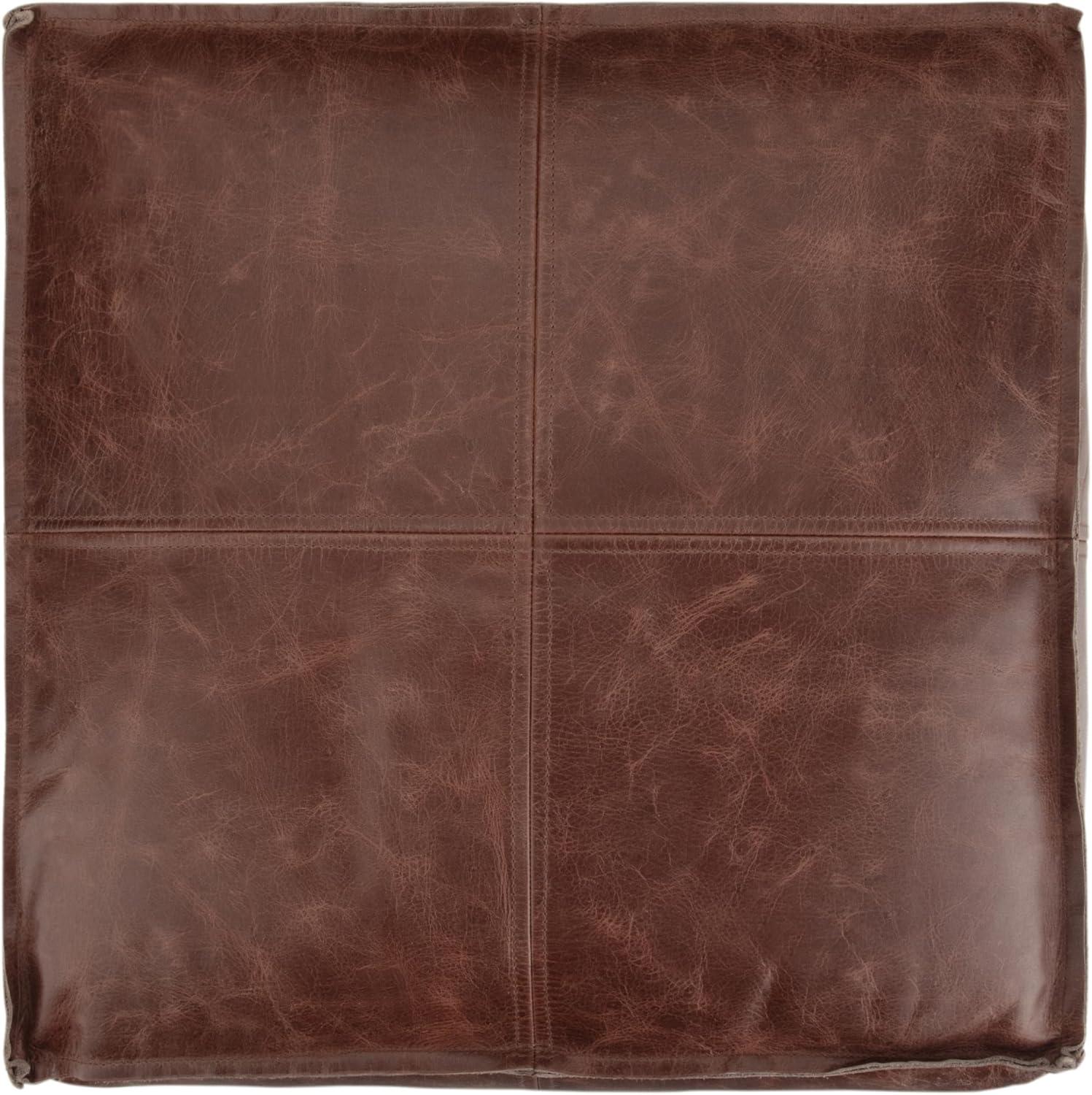 Simpli Home Sheffield Boho Square Pouf in Brown Genuine Leather