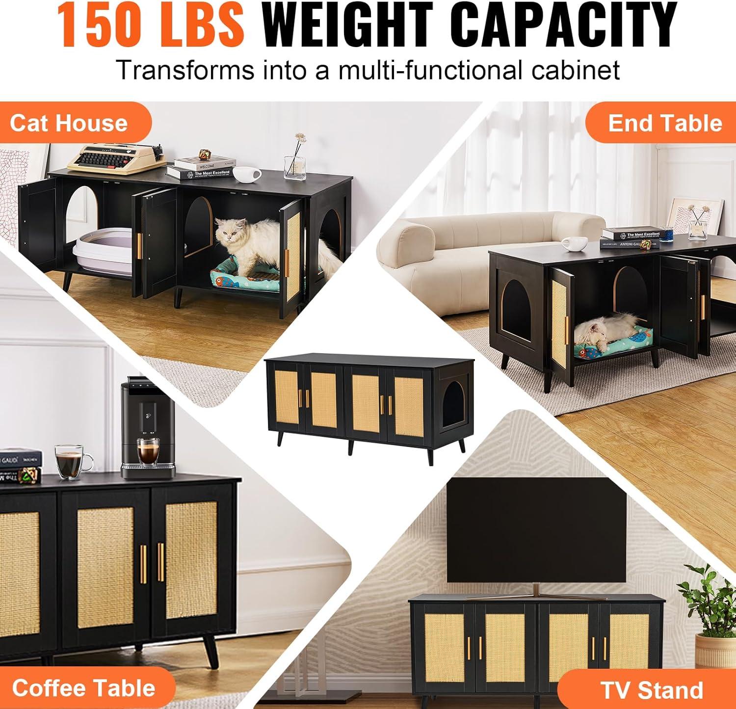 VEVOR Cat Litter Box Enclosure for 2 Cats, Litter Box Furniture Hidden with Rattan Decorated Doors, Wooden Cat Box Cabinet, Black