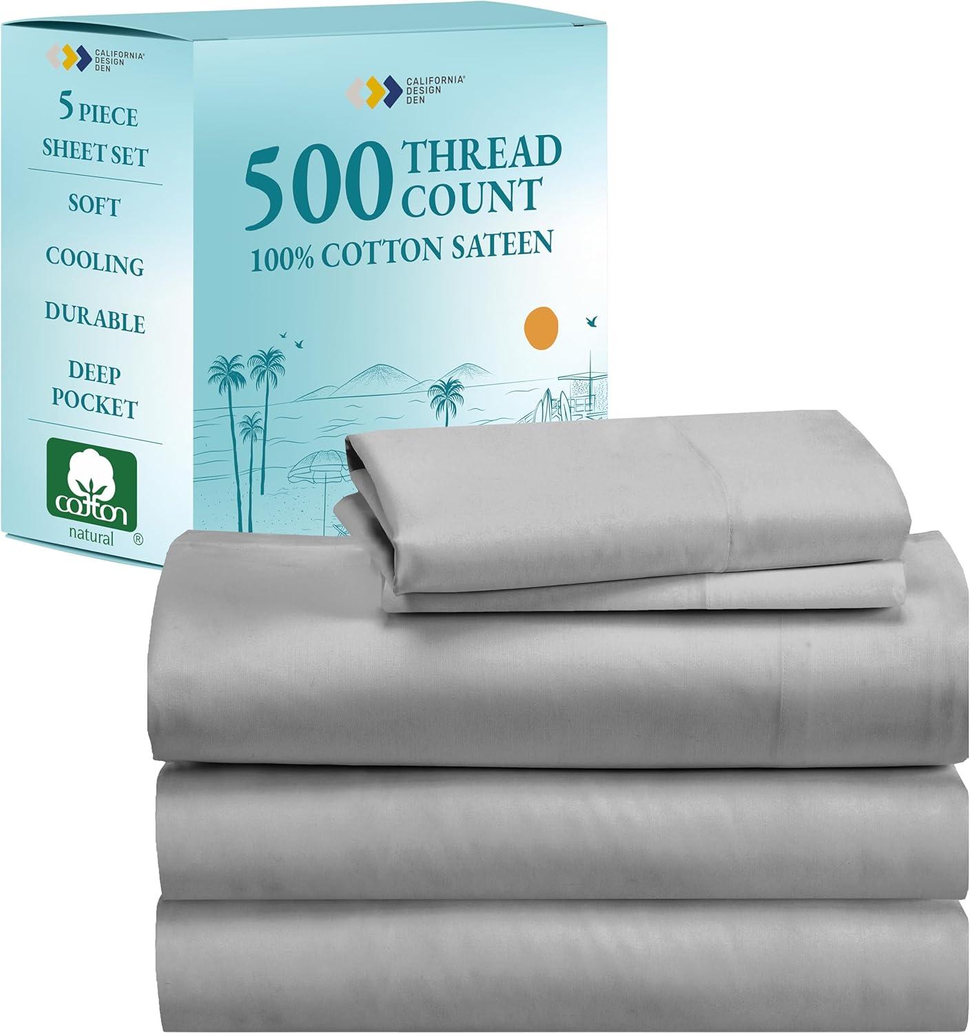 Luxury 500 Thread Count Bed Sheets Set - 100% Cotton Sateen Sheets Set, Soft, Cool & Breathable, Deep Pocket by California Design Den