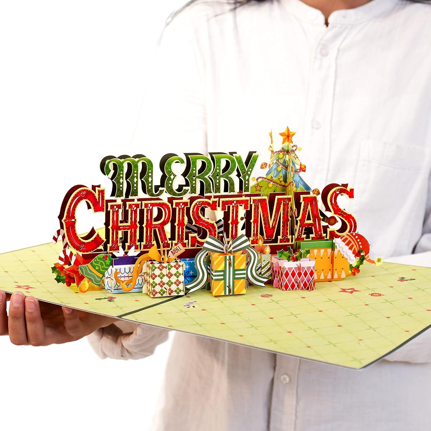 Paper Love HugePop 3D Merry Christmas Card Pop Up, Jumbo Holiday Decoration Gift, 10" x 14" Cover - Includes Envelope and Note Tag