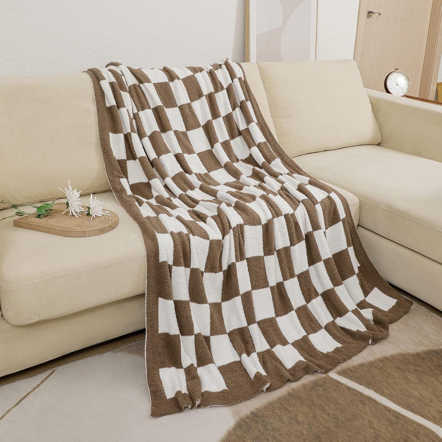 Mocha and White Knitted Checkerboard Throw Blanket