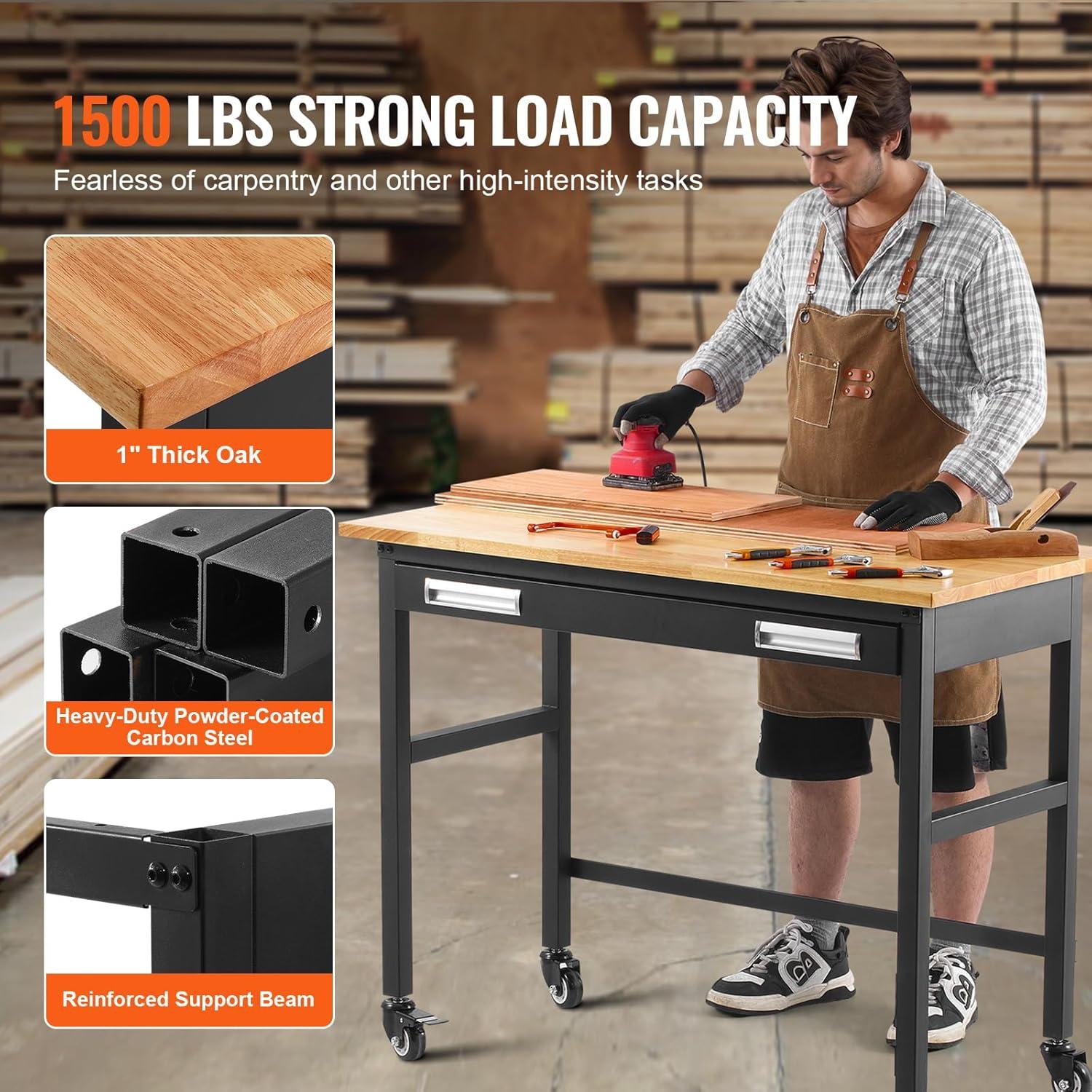 VEVOR Workbench, 48-inch Garage Workbench with Drawer Storage & Wheels, 1500 lbs Load Capacity Workshop Bench on Wheels, Heavy Duty Oak Wood Top Work Table for Garage, Workshop, Office, and Home