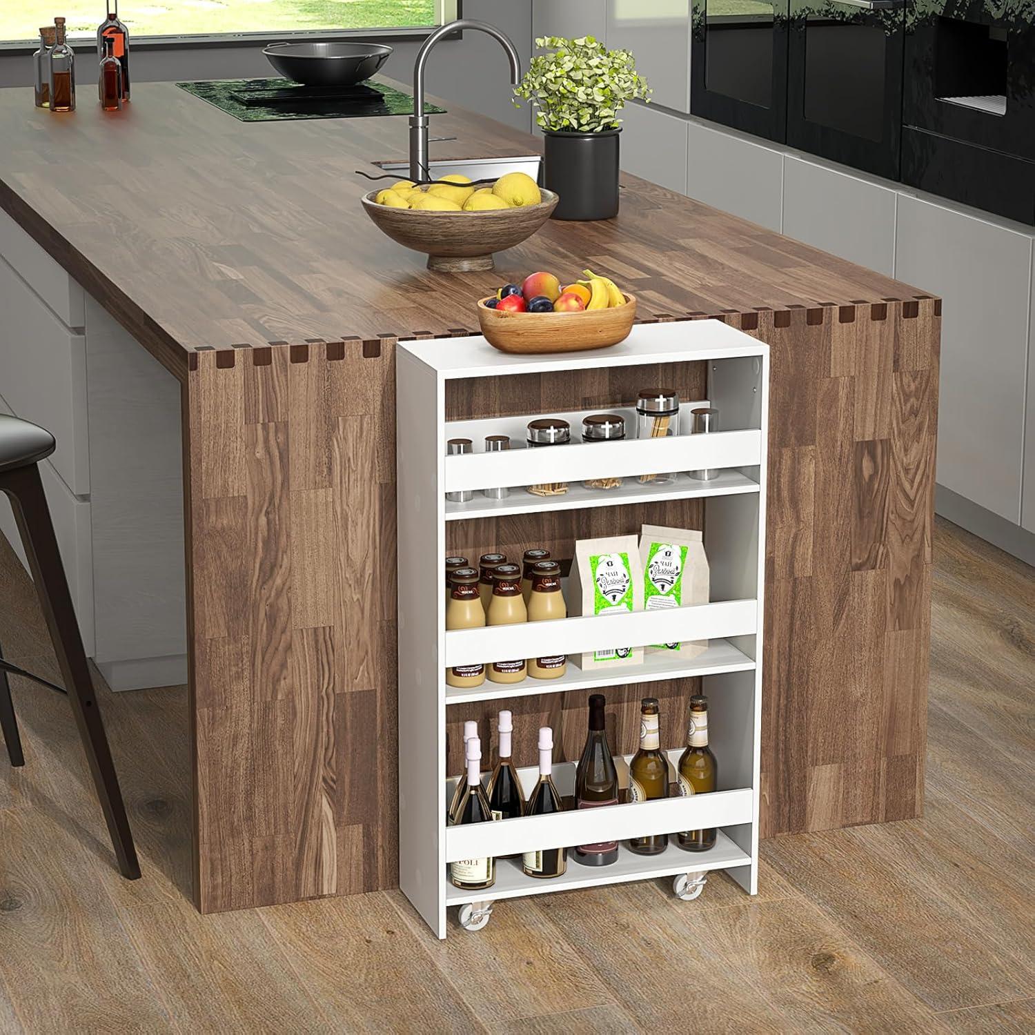 White Slim Rolling Kitchen Cart with Multi-Tier Storage