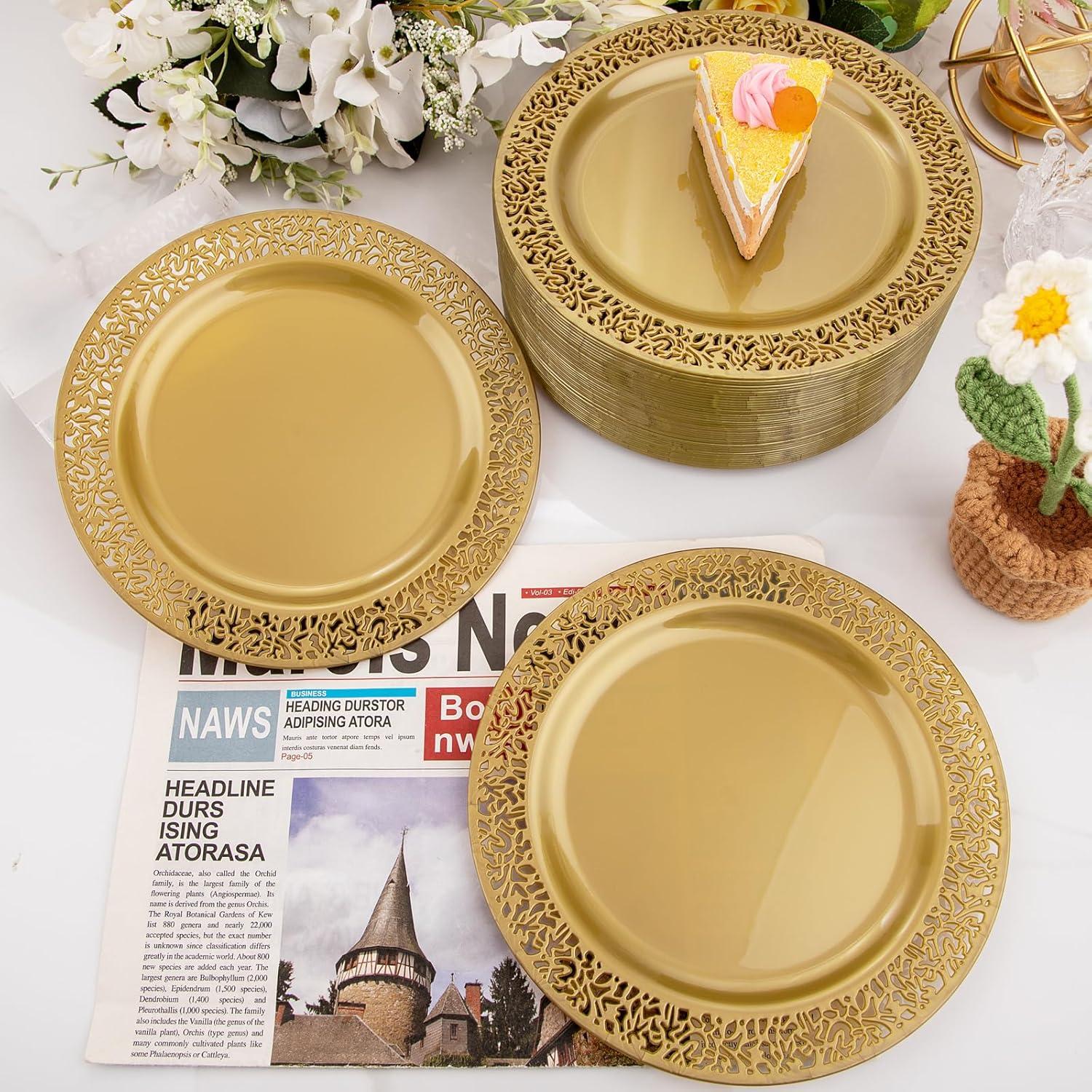 I00000 60pcs Plastic Gold Plates,10.25 inch Gold Rimmed Dinner Plates, White Disposable Plates, Parties or Wedding