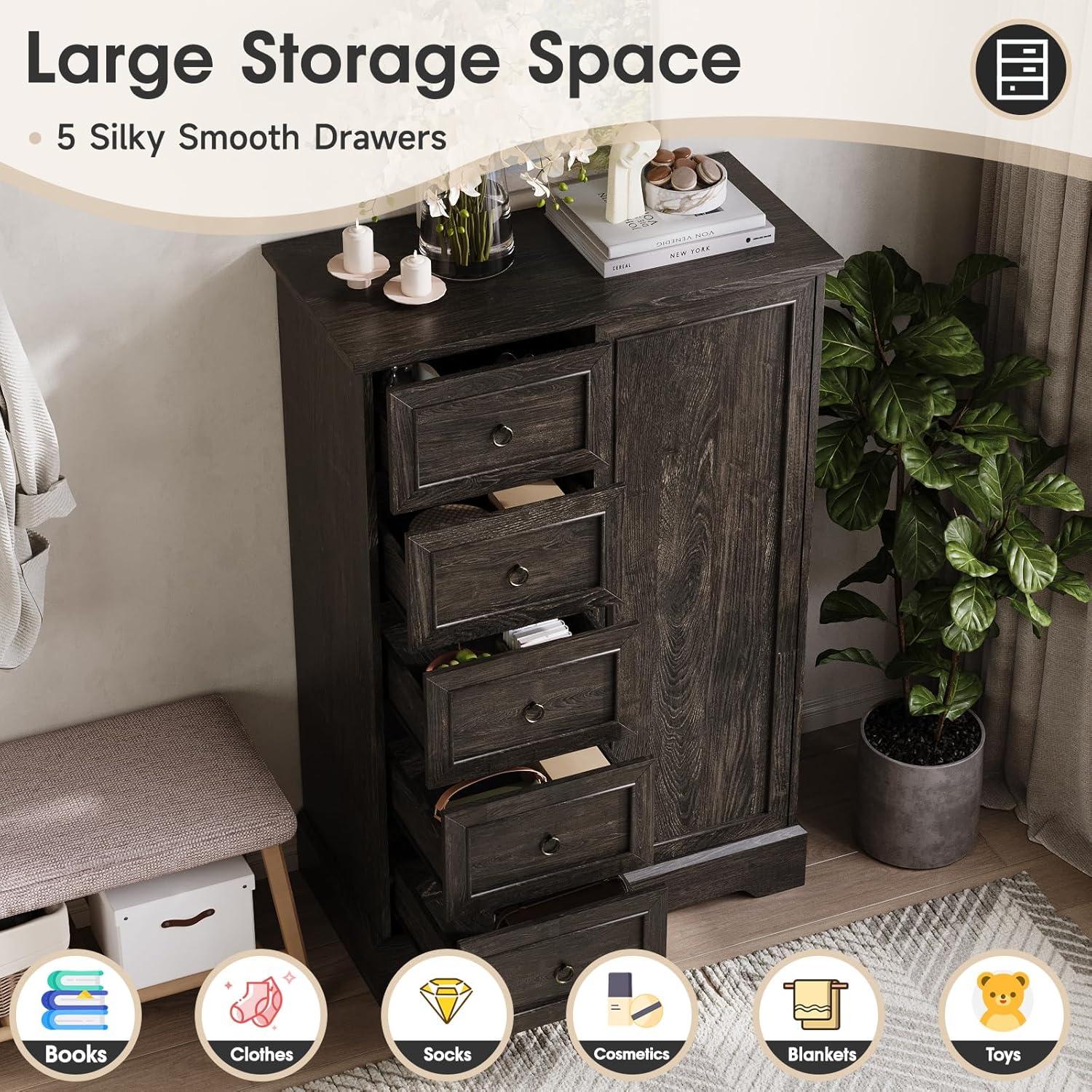 Gracie Oaks 5 Drawers Dresser With Cabinet, 48" Tall Chest, Wooden Closet Dresser With Sliding Barn Door For Living Room, Hallway