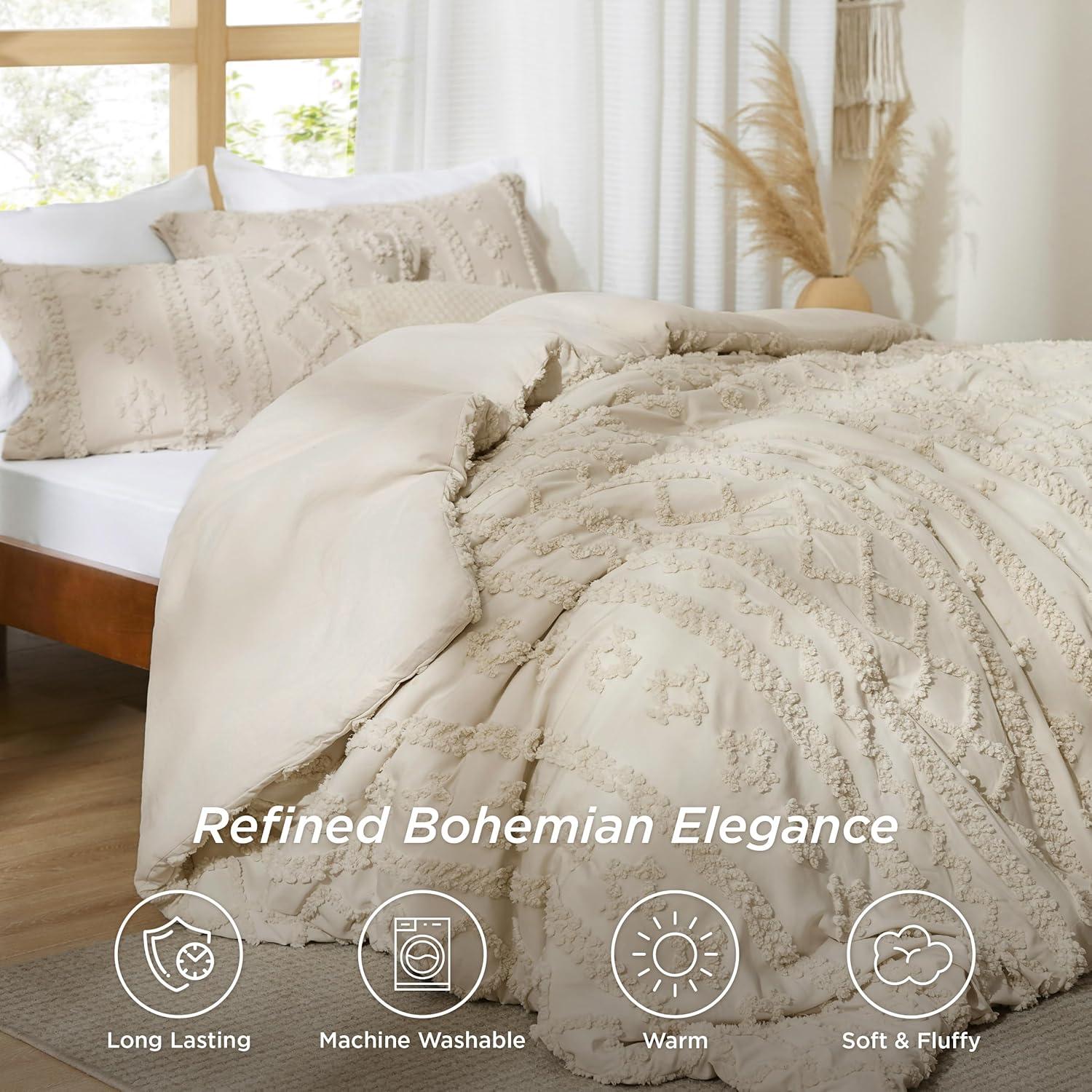 Cozy Comfort Tufted Boho Comforter Set Full, Beige, 3 Pieces Farmhouse Shabby Chic Embroidery Bed Set, Soft Jacquard Comforter for All Seasons