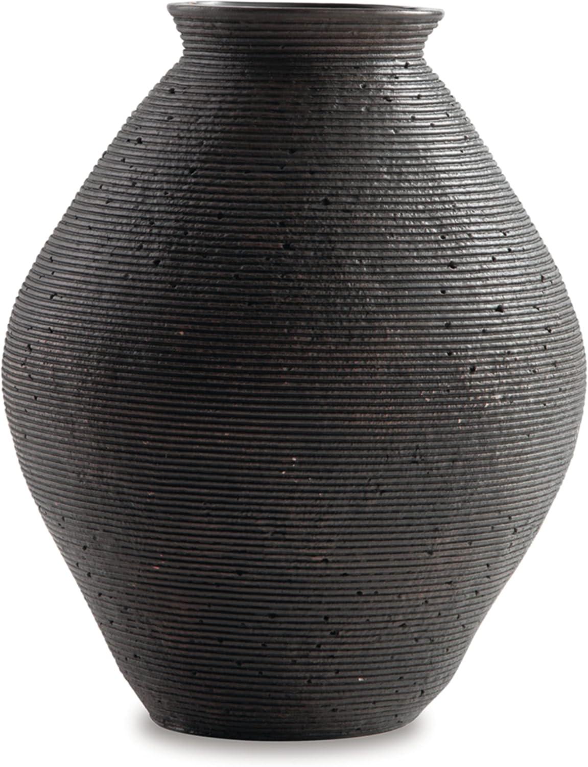 Antique Brown Ribbed Polyresin Vase, 12-Inch