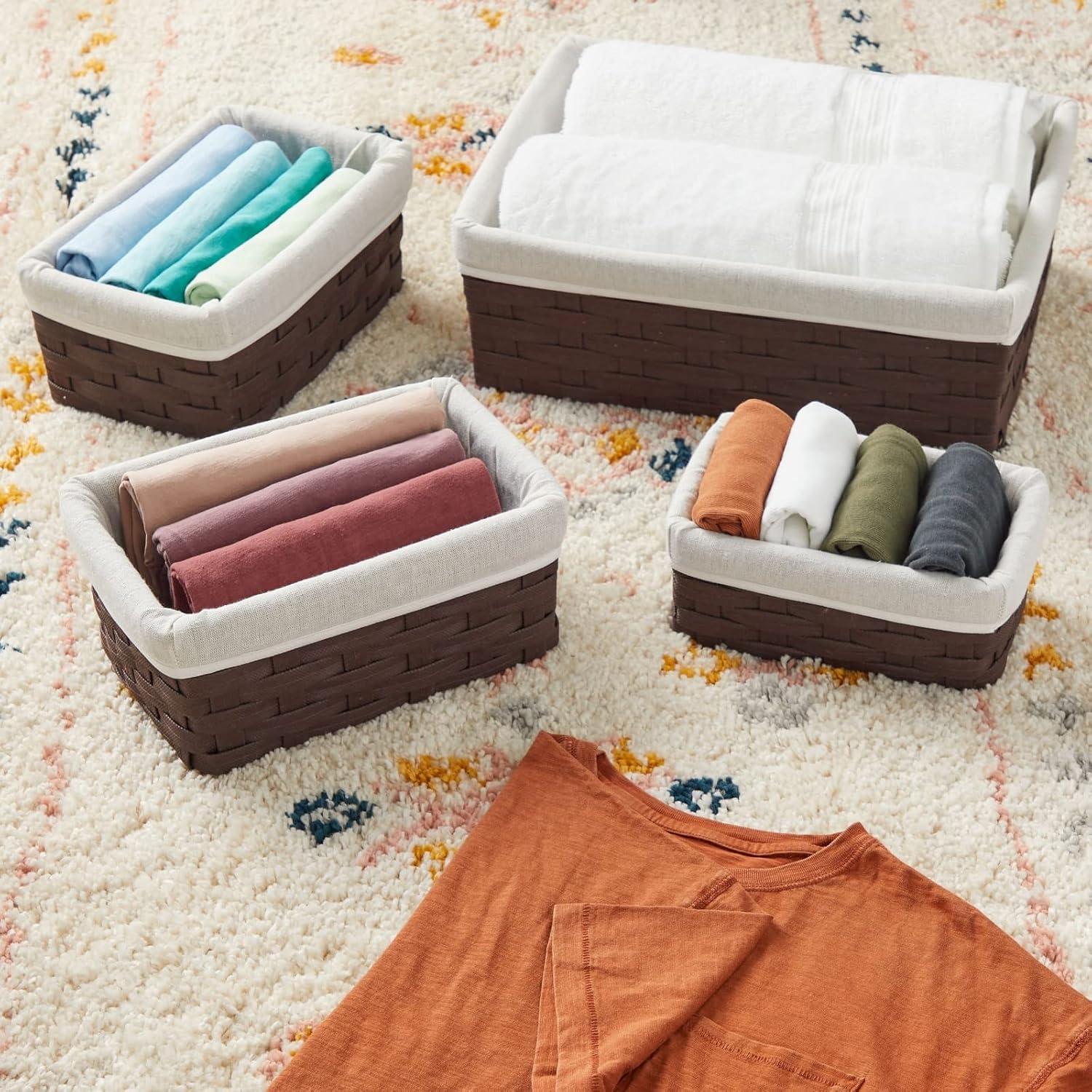 5 Pack Wicker Nesting Baskets with Cloth Lining for Pantry Shelves, Rectangular Storage Bins for Organizing Closet (Brown, 3 Sizes)
