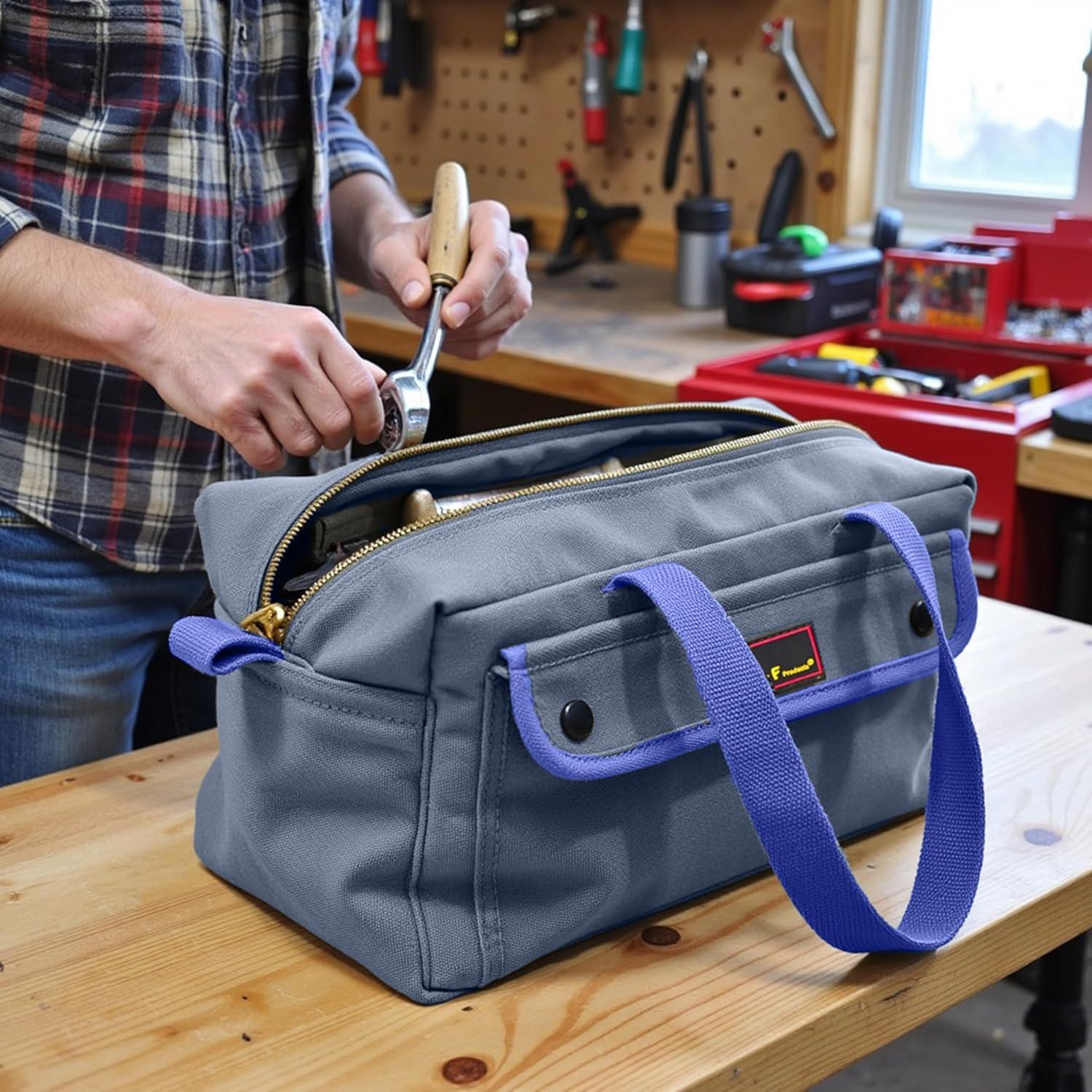 G & F Products New Tool Bag, Mechanics Style, Brass Zipper, Side Pockets, Grey, 11 Inch Long, 1 Pack