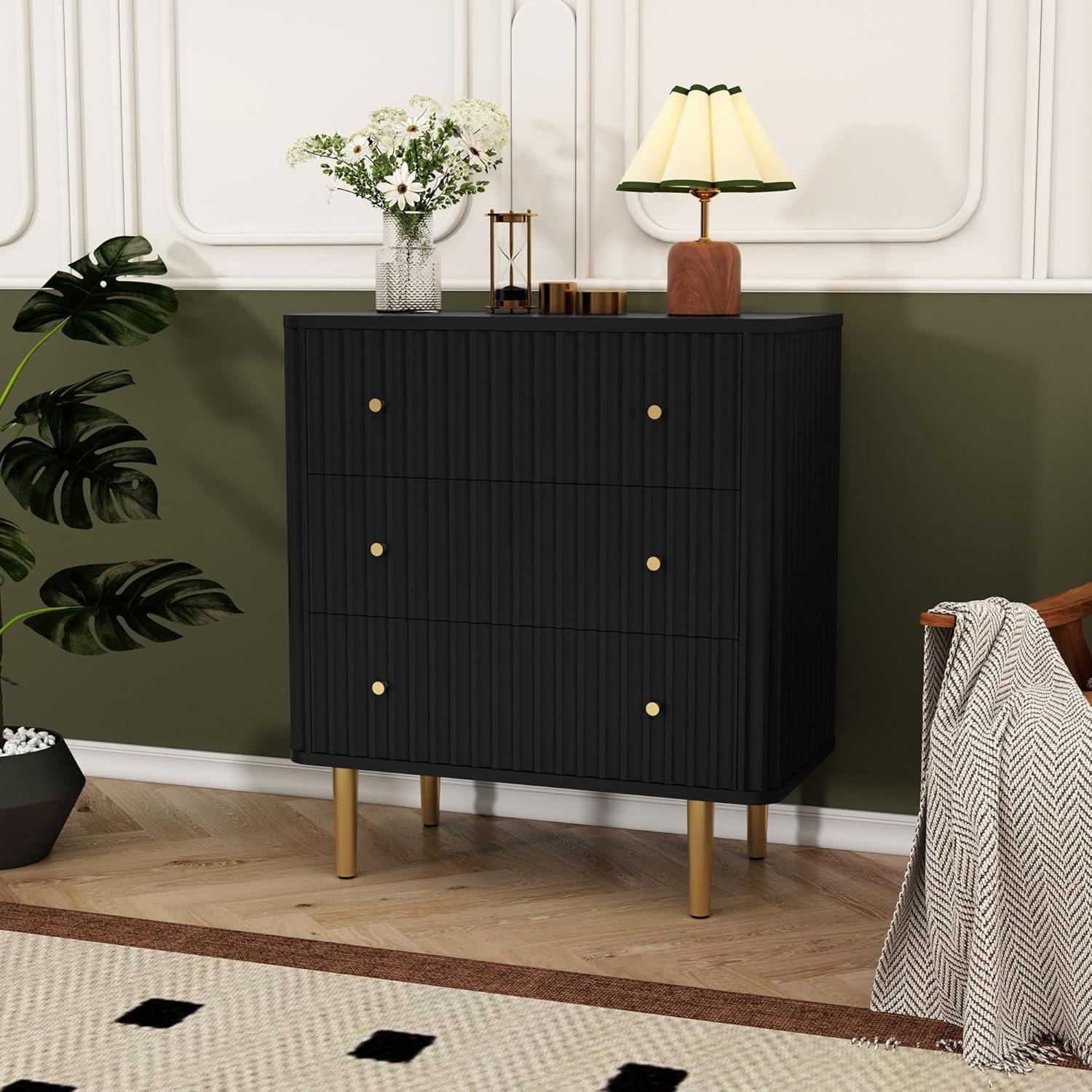 Black Vertical 3-Drawer Dresser with Gold Legs