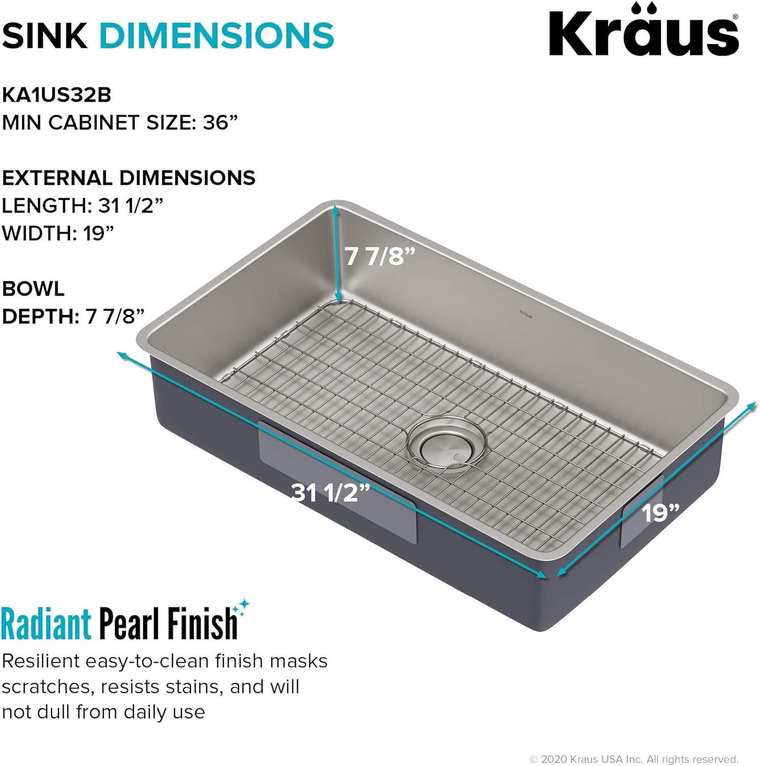 Dex™️ Series KRAUS 32" L Undermount 16 Gauge Stainless Steel Single Bowl Kitchen Sink