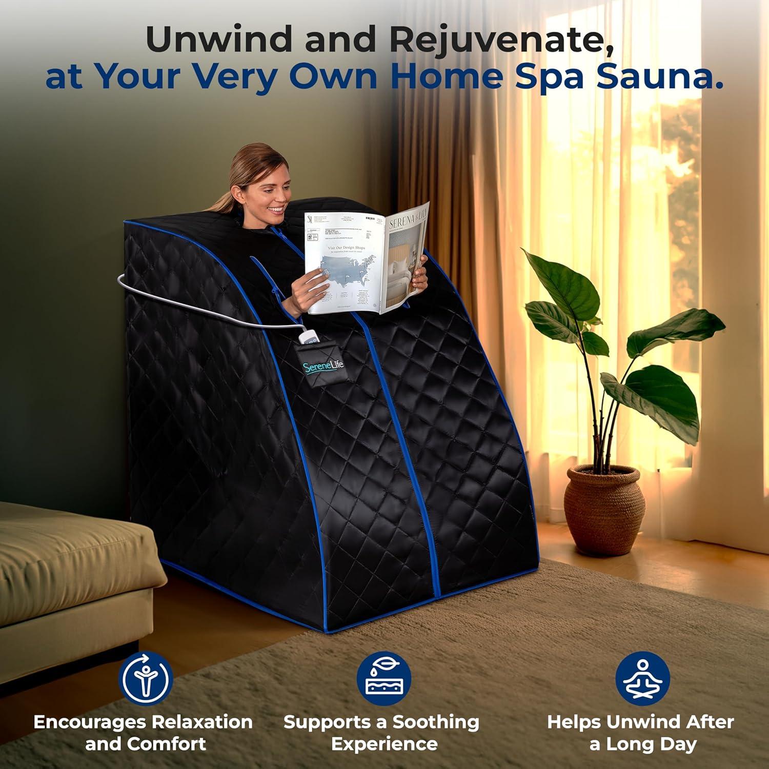 SereneLife SLISAU20BK Oversize Portable Infrared Home Spa One Person Sauna with Heating Foot Pad & Portable Chair