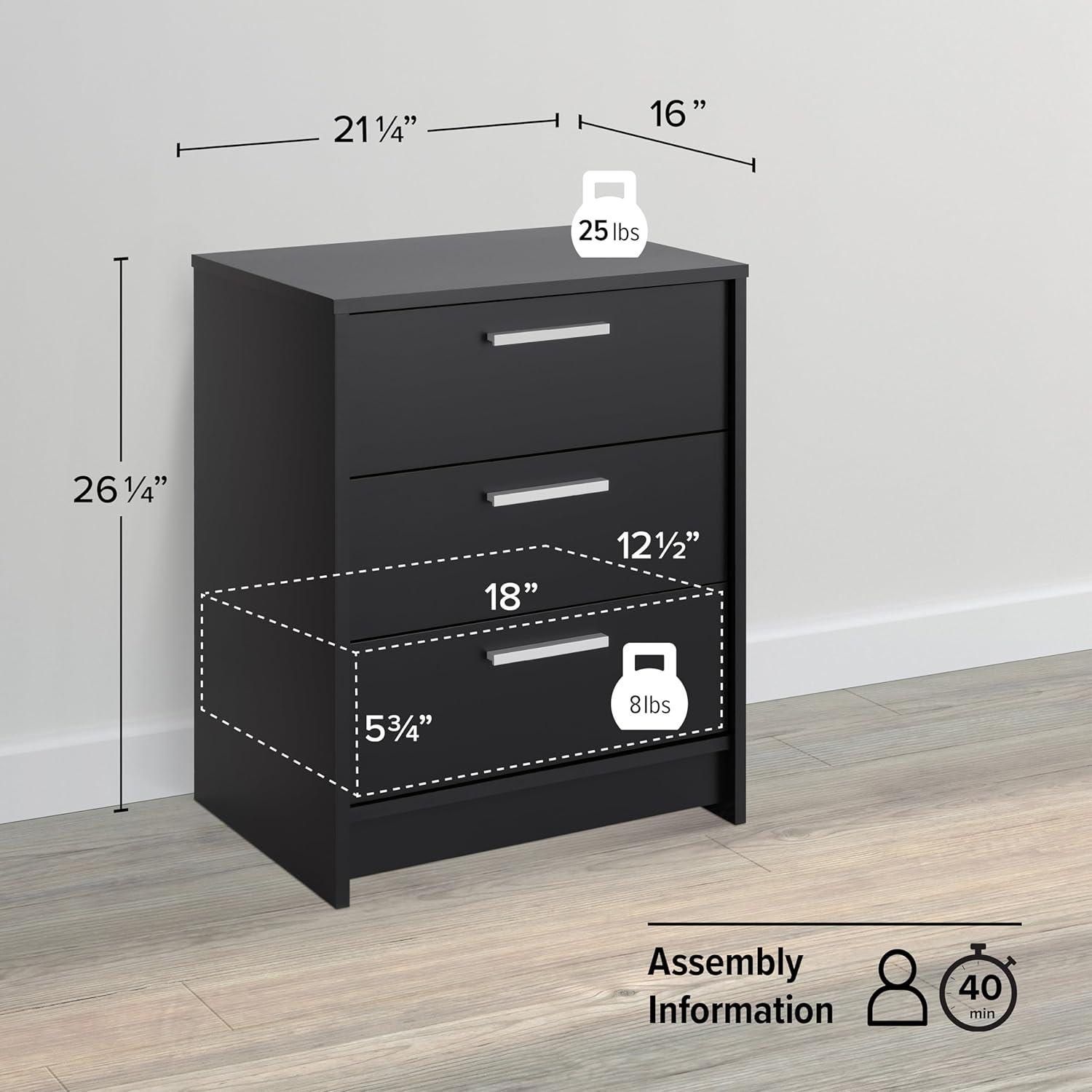 Prepac Studio Essentials Nightstand Bedside Table, Black Nightstand for Bedroom, End Table with 3 Drawers 16" D X 21.25" W x 26.25" H, BDNR-2103-1