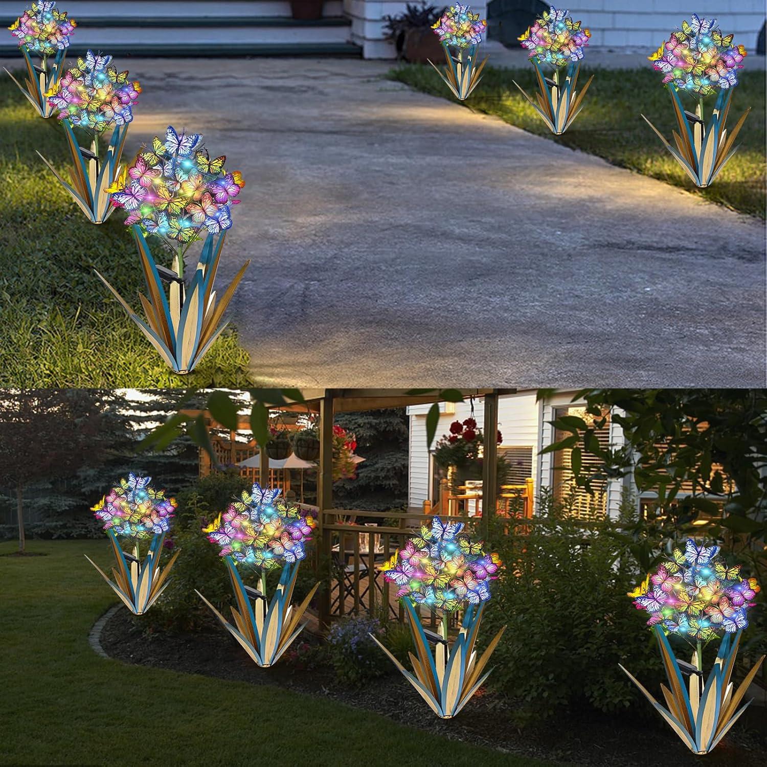 Solar Metal Agave Butterfly Flower Stick Garden Sculpture Swaying Butterfly Garden Light Solar Outdoor (2 PCS Blue)