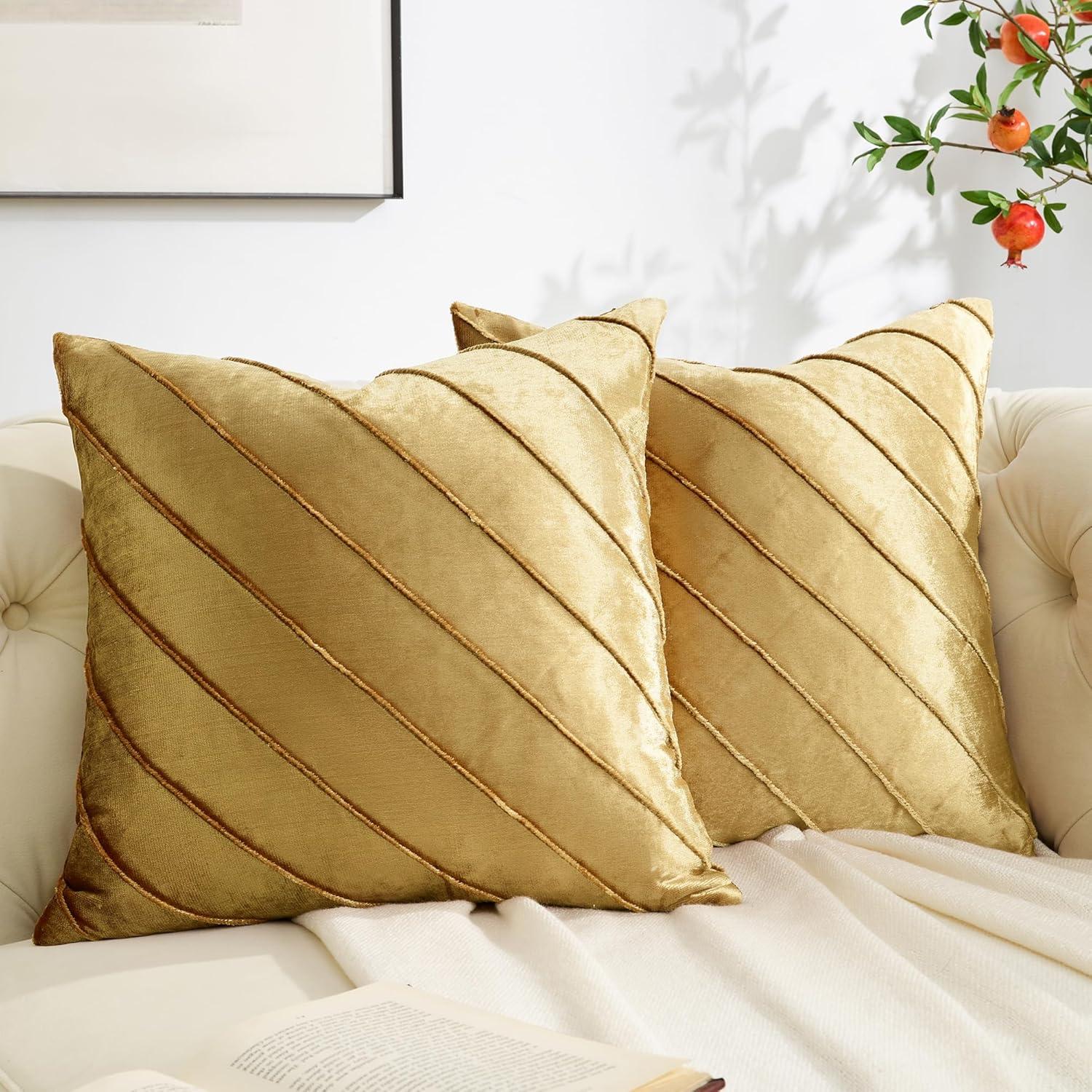 Gold Stripe Velvet Cushion Covers - Set of 2 | 18x18 Sofa Throw Pillow Cases | Decorative Living Room Couch Accent Covers