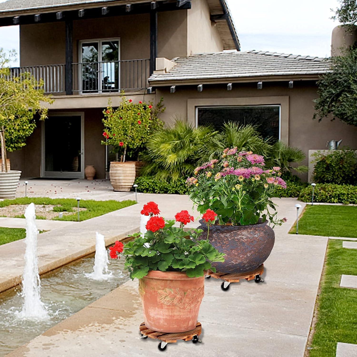 BUSATIA 2pack 12" Plant Caddy Plant Stand with Wheels,Rolling Plant Stand Heavy Duty Wooden Round Plant Dolly Rollers with 360°Metal Lockable Casters Indoor Outdoor Pot Plant Roller Base Caddies