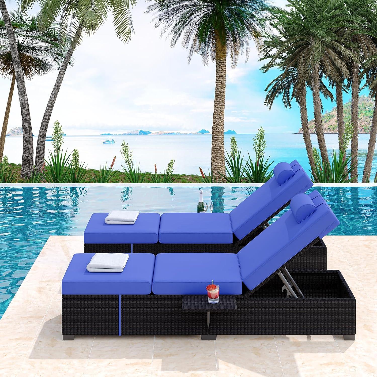 Lounge Chairs Outdoor Set of 2, PE Rattan Chaise Lounge Chair with 5-Position Adjustable Backrest for Patio Beach Pool Deck Backyard, Beige