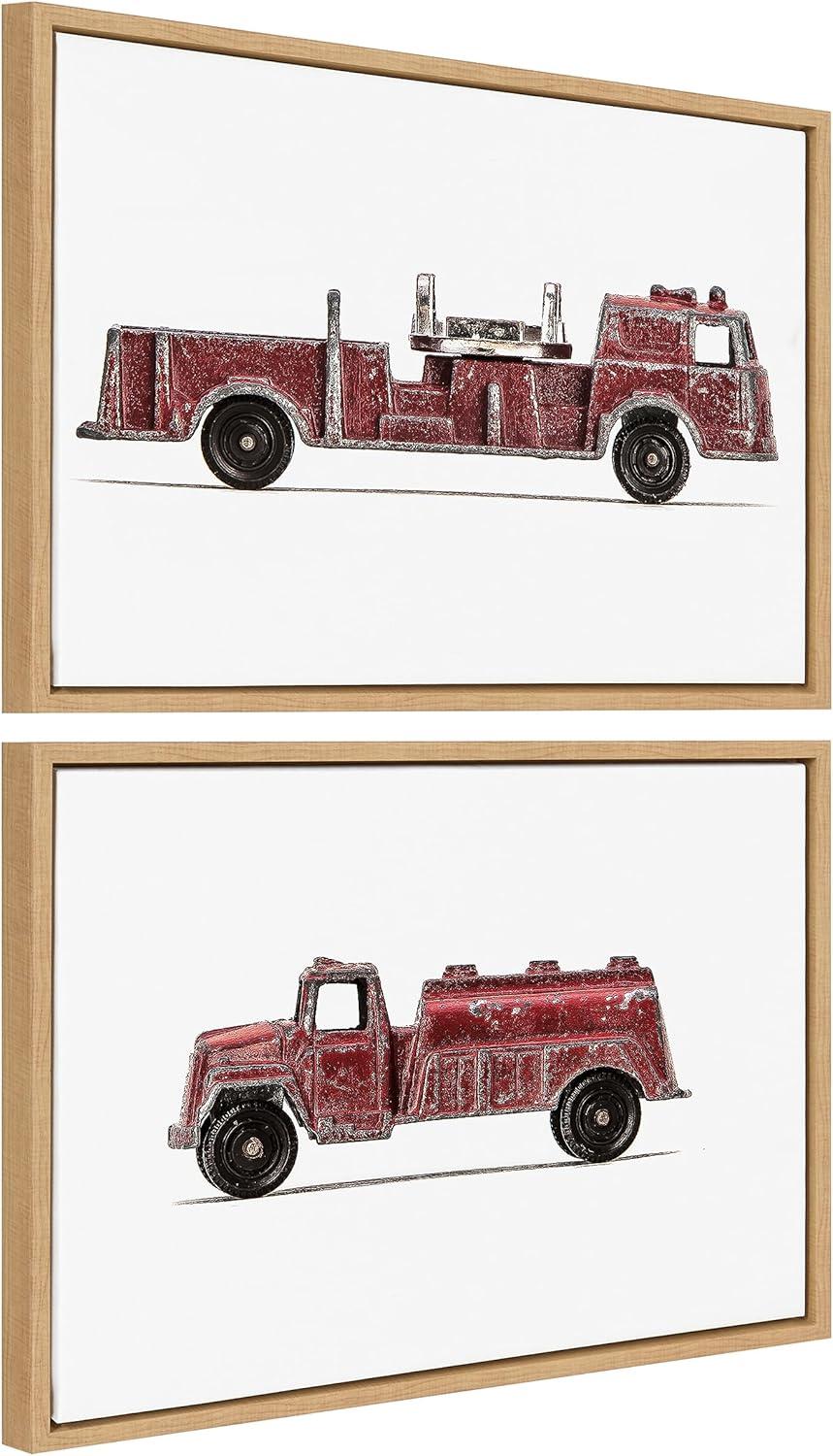 Kate and Laurel Sylvie Red Vintage Toy Fire Engine and Red Vintage Toy Water Truck Framed Canvas Wall Art Set by Saint and Sailor Studios, 2 Piece 18x24 Natural, Retro Kid Vehicle Art for Wall