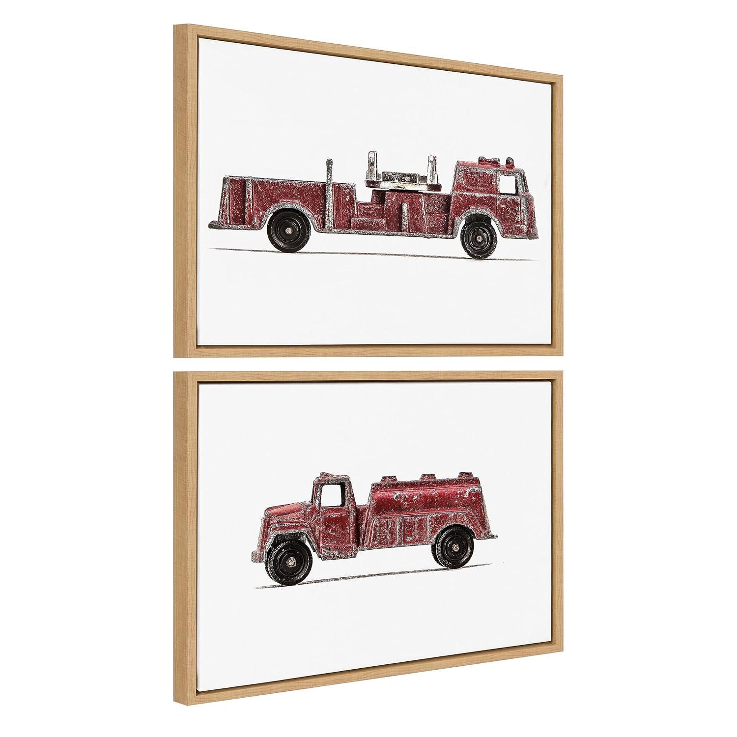 Kate and Laurel Sylvie Red Vintage Toy Fire Engine and Red Vintage Toy Water Truck Framed Canvas Wall Art Set by Saint and Sailor Studios, 2 Piece 18x24 Natural, Retro Kid Vehicle Art for Wall