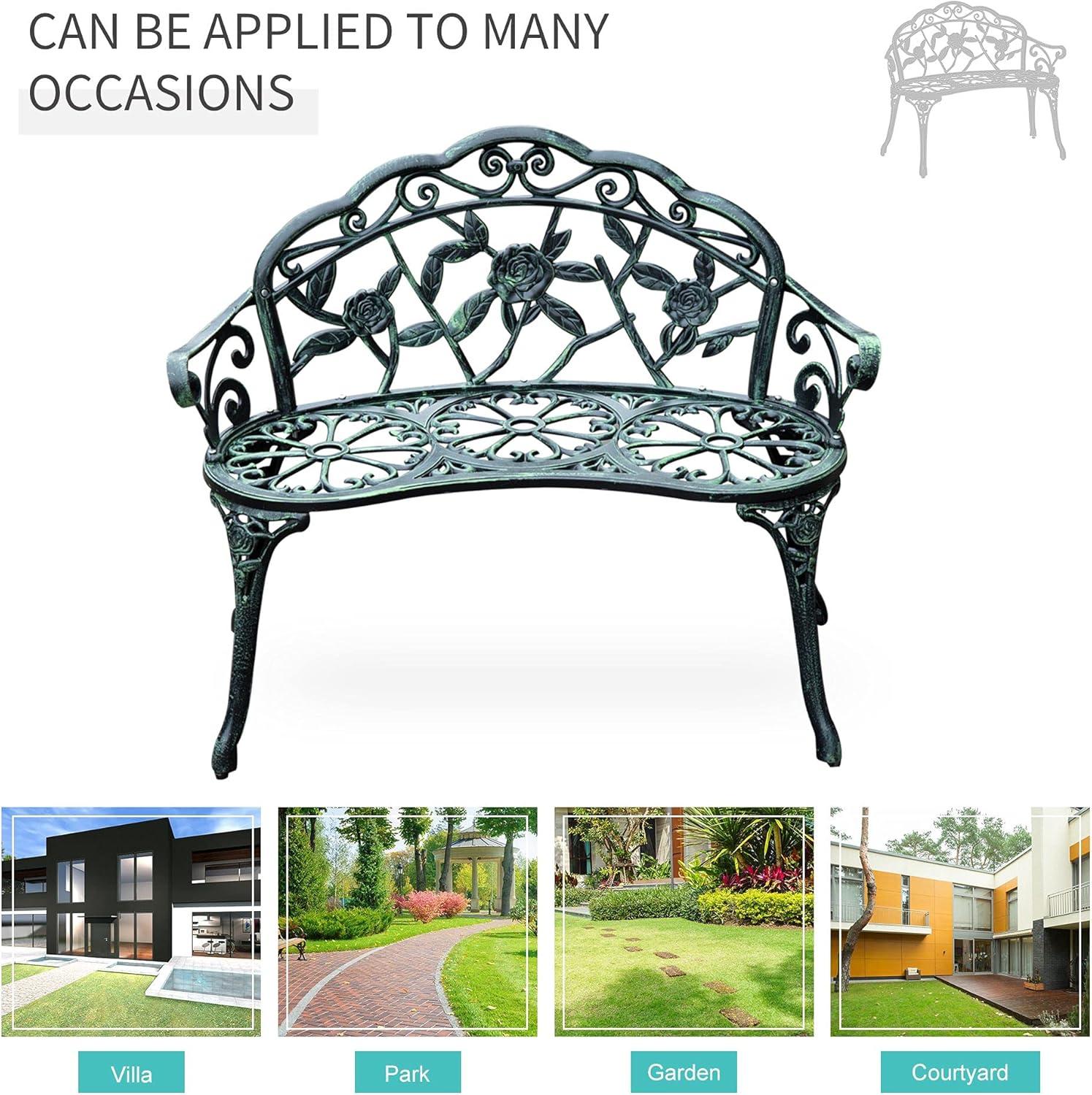 Outsunny Outdoor Bench, Cast Aluminum Outdoor Furniture, Metal Bench with Floral Rose Accent & Antique Finish, Green