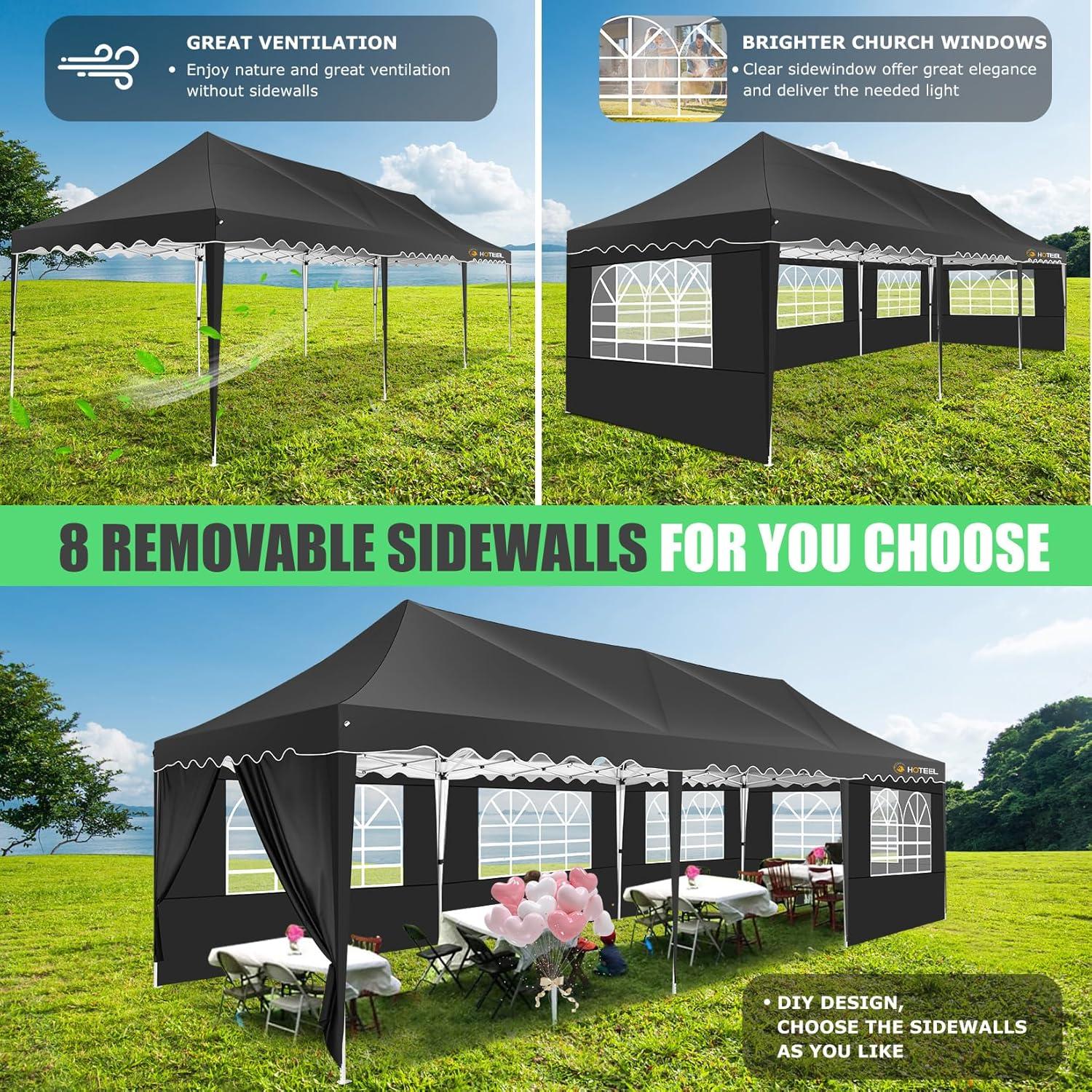 HOTEEL 10x30 Pop Up Canopy Tent with 8 Sidewalls,Heavy Duty Wedding Event Tents,Party Gazebo with Roller Bag,UPF 50+ Windproof Waterproof,Black